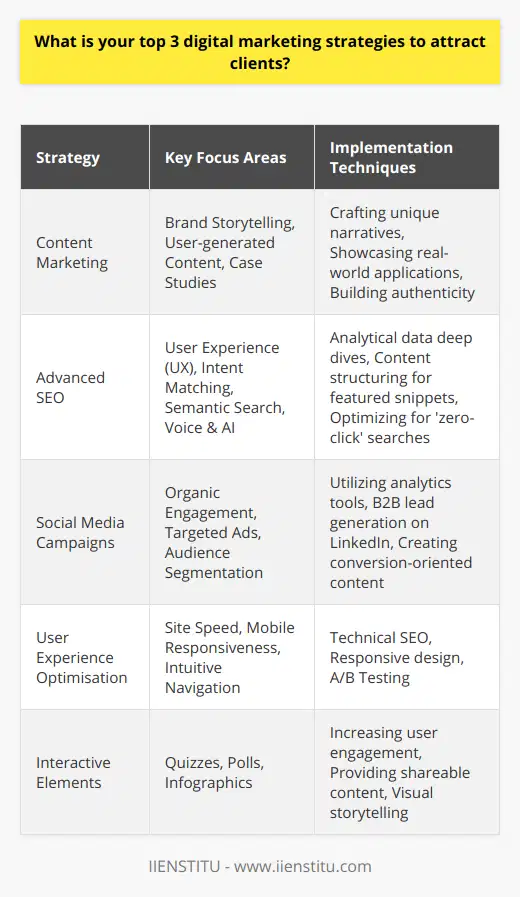 Certainly, here's your tailored content on the specified digital marketing strategies:Harness the Power of Tailored Content MarketingFirst and foremost, a top-tier digital marketing strategy hinges on content marketing that resonates with your audience. Mastering content creation means more than just generating articles or visual content; it means crafting experiences and value that your audience can't find elsewhere. To stand out, brand storytelling should be at the heart of your content strategy, inviting potential clients into a narrative where they can see themselves benefiting from your services or products. Consider utilizing user-generated content or case studies, which not only demonstrate the value of your offerings but also build authenticity by showcasing real-world applications.Optimize for Organic Reach with Advanced SEO TechniquesSEO is a mainstay in digital marketing, but the landscape is constantly evolving. Moving beyond keywords, modern SEO prioritizes user experience (UX), intent matching, and semantic search optimization. Advanced strategies involve a deep dive into analytical data, recognizing how voice search and AI influence SEO, and tailoring content to align with the specific informational or transactional queries your potential clients are asking. This can include structuring content to answer featured snippets or optimizing for 'zero-click' searches where answers are directly displayed on the SERPs.Engage and Convert with Strategic Social Media PresenceWhile maintaining a social media presence is no rarity, the third strategy relies on meticulous planning and execution to attract clients. Our focus is on generating conversion-oriented social media campaigns that leverage both organic engagement tactics and precision-targeted advertisements. Tools provided by IIENSTITU or similar organizations can give insights into audience segmentation, leading to highly tailored campaigns. Additionally, platforms like LinkedIn can be tapped for B2B lead generation through thought leadership and network building, but the content here must be particularly strategic, informational, and insightful.Employing these three digital marketing strategies with a focus on unique content creation, advanced SEO practices, and strategic social media campaigns will not only attract clients but also create a sustainable foundation for business growth in the digital realm.
