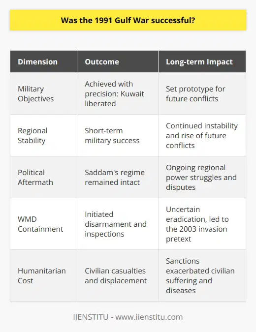 The 1991 Gulf War, conceived under the codename Operation Desert Storm, is often hailed as a swift tactical and strategic success in an era when precision warfare came to the forefront. With the primary goal of liberating Kuwait from Iraqi occupation, the conflict demonstrated unparalleled coalition unity, advanced military prowess, and swift execution of planned objectives. However, the war’s complexity extends beyond the battlefield success, intertwining with lasting regional political turmoil, ambiguous impacts on weapons of mass destruction, and the plight of humanitarian issues.The Coalition’s military objectives were achieved with undeniable efficiency. Within a mere six weeks of aerial bombardment followed by a lightning-fast ground assault, the Coalition forces managed to evict Saddam Hussein’s forces from Kuwait. This was a resounding showcase of military might and technological superiority that altered modern warfare's landscape. The successful application of stealth and precision-guided munitions carved a prototype for future conflicts, symbolizing a leap in combat strategy and execution.Nonetheless, the success on the battlefield was clouded by the overarching goal of establishing regional stability, which languished unresolved. Saddam Hussein’s grip on power in Iraq persisted, nourishing a continued source of instability. His regime, known for its ruthless repressions and menacing postures towards neighbors, withstood the war's impact, maintaining a challenging presence in the geopolitics of the region. Consequently, the aftermath of the conflict left a complex geopolitical puzzle that subsequent initiatives and interventions would struggle to resolve.As for Iraq’s capabilities to produce and deploy weapons of mass destruction (WMD), the Gulf War initiated a series of inspections and disarmament procedures. However, it did not comprehensively eradicate the program, rendering the success in this domain partial at best. The specter of Iraq's WMD capabilities persisted, eventually becoming one of the central and controversial pretexts for the 2003 Iraq invasion led by the United States.The human cost of the 1991 Gulf War was profound. The military operation resulted in significant civilian casualties and the displacement of populations. The Iraqi people, in particular, faced the brunt of the conflict with both immediate and protracted suffering. The introduction of sanctions aimed to pressure the Iraqi regime further crippled the civilian population’s access to essential services and goods, leading to malnourishment and epidemics. These outcomes precipitated extensive criticism of global powers' ethical and moral stance in conducting warfare and imposing economic sanctions.In retrospection, the 1991 Gulf War stands as a perplexing mix of military triumph and strategic shortfall. While the primary goal of liberating Kuwait was met with commendable coordination and speed, the broader implications involving regional stability, WMD containment, and humanitarian impacts reflect the intrinsic complexity of modern warfare and its unintended consequences. Today, discussions on the Gulf War involve not only the analysis of military tactics but also the sobering understanding of war’s pervasive ripples across human lives and interstate relations.
