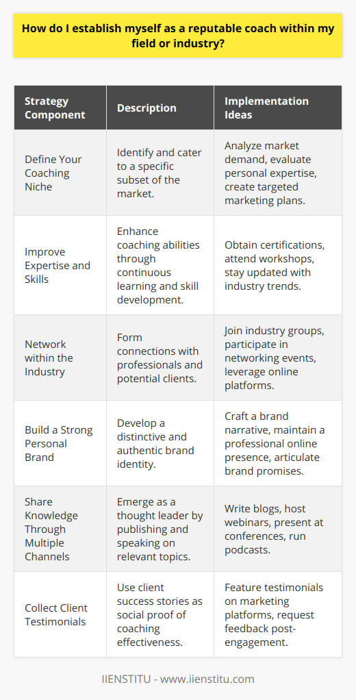 Establishing yourself as a reputable coach in any field or industry demands a well-rounded strategy encompassing market positioning, skill enhancement, networking, personal branding, knowledge sharing, and effective use of client testimonials. Here’s a focused approach for coaches looking to build their reputation and credibility:Define Your Coaching Niche:Identify the subset of the market that you will serve with your coaching. Determine what unique needs this group has and how your talents and expertise can help meet them. A well-defined niche not only sets you apart but also allows you to tailor your marketing efforts to a specific audience, increasing your impact and perceived expertise.Improve Expertise and Skills:Stay at the forefront of your industry by seeking ongoing education and keeping abreast of the latest trends and developments. This could include obtaining advanced certifications related to your niche, engaging in continuing education programs, and participating in relevant professional development opportunities offered by renowned educational institutions like IIENSTITU. Elevate your coaching practice by honing your methodology and applying innovative techniques.Network within the Industry:Cultivate a robust professional network by connecting with other experts, potential clients, and industry influencers. Not only will this improve your visibility, but it will also open doors to collaborative ventures and client referrals. Utilize professional networking platforms, join industry-specific groups, and become a part of local and international associations. Networking can also provide invaluable mentorship opportunities and partnerships that contribute to your growth and reputation.Build a Strong Personal Brand:Your brand is the promise you make to your clients about the experience and results you offer. Develop a compelling brand narrative and visual identity. Your online presence, especially through a professional website and active social media profiles, should reflect your expertise, personality, and coaching philosophy. Your personal brand should communicate the unique benefits that clients gain by working with you, setting you apart in a crowded market.Share Knowledge Through Multiple Channels:Position yourself as a thought leader by regularly sharing impactful content. Write insightful blog posts, articles, and case studies. Host webinars and podcasts, and speak at industry events where your target audience might attend. Educate while you engage, providing value that reinforces your position as an expert within your niche.Collect Client Testimonials:Positive feedback serves as social proof of your coaching effectiveness. Encourage your clients to share their success stories and explain the transformation they experienced due to your coaching. Feature these testimonials prominently where prospective clients can see them, such as your website, social media pages, and marketing collateral. These endorsements can be incredibly persuasive and are often a deciding factor for those considering your services.By consistently applying these strategies, coaches can build a reputable presence in their field. By focusing on delivering value, one can not only establish credibility but also create a lasting impact on the clients served, ultimately leading to a successful and sustainable coaching practice.