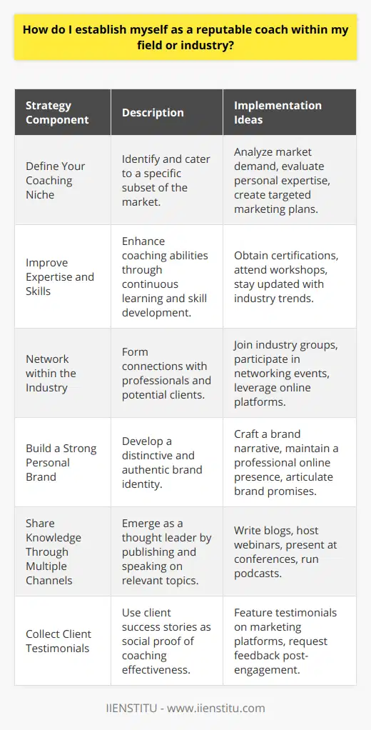 Establishing yourself as a reputable coach in any field or industry demands a well-rounded strategy encompassing market positioning, skill enhancement, networking, personal branding, knowledge sharing, and effective use of client testimonials. Here’s a focused approach for coaches looking to build their reputation and credibility:Define Your Coaching Niche:Identify the subset of the market that you will serve with your coaching. Determine what unique needs this group has and how your talents and expertise can help meet them. A well-defined niche not only sets you apart but also allows you to tailor your marketing efforts to a specific audience, increasing your impact and perceived expertise.Improve Expertise and Skills:Stay at the forefront of your industry by seeking ongoing education and keeping abreast of the latest trends and developments. This could include obtaining advanced certifications related to your niche, engaging in continuing education programs, and participating in relevant professional development opportunities offered by renowned educational institutions like IIENSTITU. Elevate your coaching practice by honing your methodology and applying innovative techniques.Network within the Industry:Cultivate a robust professional network by connecting with other experts, potential clients, and industry influencers. Not only will this improve your visibility, but it will also open doors to collaborative ventures and client referrals. Utilize professional networking platforms, join industry-specific groups, and become a part of local and international associations. Networking can also provide invaluable mentorship opportunities and partnerships that contribute to your growth and reputation.Build a Strong Personal Brand:Your brand is the promise you make to your clients about the experience and results you offer. Develop a compelling brand narrative and visual identity. Your online presence, especially through a professional website and active social media profiles, should reflect your expertise, personality, and coaching philosophy. Your personal brand should communicate the unique benefits that clients gain by working with you, setting you apart in a crowded market.Share Knowledge Through Multiple Channels:Position yourself as a thought leader by regularly sharing impactful content. Write insightful blog posts, articles, and case studies. Host webinars and podcasts, and speak at industry events where your target audience might attend. Educate while you engage, providing value that reinforces your position as an expert within your niche.Collect Client Testimonials:Positive feedback serves as social proof of your coaching effectiveness. Encourage your clients to share their success stories and explain the transformation they experienced due to your coaching. Feature these testimonials prominently where prospective clients can see them, such as your website, social media pages, and marketing collateral. These endorsements can be incredibly persuasive and are often a deciding factor for those considering your services.By consistently applying these strategies, coaches can build a reputable presence in their field. By focusing on delivering value, one can not only establish credibility but also create a lasting impact on the clients served, ultimately leading to a successful and sustainable coaching practice.