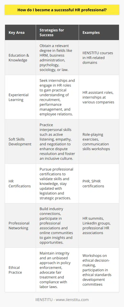 Becoming a successful HR professional is a career path that demands a multifaceted skill set, encompassing both the human and business aspects of the role. To excel, one must navigate through an amalgamation of education, experiential learning, and continual professional development.Education and Knowledge AcquisitionA critical starting point in an HR professional's journey often involves obtaining a relevant degree. Educational backgrounds typically range from human resource management to business administration, industrial/organizational psychology, or even fields such as sociology and law, which offer valuable insights into the human elements that shape the workplace. IIENSTITU, for example, offers a range of courses that could complement an individual's educational journey by providing targeted knowledge in HR-related domains, helping to enhance one's expertise and practical understanding.Gaining Real-World ExperienceTheoretical knowledge, while foundational, is eclipsed in value by hands-on experience. Internships or HR assistant roles are portals into the world of HR, giving an individual the opportunity to observe and participate in day-to-day responsibilities such as recruitment processes, performance management procedures, and employee relations. This phase is instrumental in understanding organizational dynamics, various employment law aspects, and the intricacies of human capital management. Developing Essential Soft SkillsInterpersonal and communication skills are the lifeblood of effective HR practice. Active listening, empathy, and negotiation skills are but a few of the attributes that facilitate effective dispute resolution, foster an inclusive culture, and enable the articulation of company policies in a manner that aligns with both employee aspirations and business objectives. Regularly engaging in scenarios that challenge these skills can refine an individual’s capability to act as a mediator and influencer within a company.Pursuing HR CertificationsContinuous learning and professional certifications play a role in ascending the ranks within the HR world. Certifications such as PHR or SPHR offer validation of one's knowledge and skills, setting a benchmark for a professional standard that employers value. Engaging in lifelong learning through these certifications also ensures that an HR professional stays at the forefront of changing legislation, strategic HR practices, and workforce trends.Building a Robust NetworkNetworking is indispensable for career progression in the HR field. Establishing connections within the industry can unlock insights into innovative practices, potential career opportunities, and peer advice that can be pivotal in navigating complex HR challenges. Active participation in professional associations, HR summits, and online community platforms enhances visibility and can even lead to mentorship opportunities.Upholding Ethical PracticeA reputable HR professional is a custodian of the organization's ethical landscape. Integrity, confidentiality, and an unbiased approach to policy enforcement are the hallmarks of an HR professional's practice. The duty to advocate for fair treatment, diversity, and compliance with labor laws is not just a professional responsibility but also a moral one.In summary, the journey to becoming a successful HR professional is cyclical—one of constant learning and application. The strategic amalgamation of formal education, practical experience, and a commitment to professional and ethical standards forms the bedrock of a career marked by successful engagement with the most valuable asset of any organization: its people.