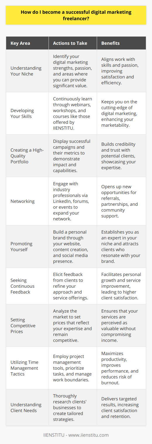 Becoming a successful digital marketing freelancer involves a confluence of skill development, networking, personal branding, and business management. Here's a synthesized guide on how to achieve success in this field:**Understanding Your Niche**Success starts with knowing your strengths and weaknesses. Determine what aspect of digital marketing you’re passionate about and where you can bring the most value. Your niche could be anything from SEO, content marketing, to social media strategy. **Developing Your Skills**Never stop learning. Stay updated with the latest digital marketing trends and tools by attending webinars, workshops, or enrolling in advanced courses such as those offered by IIENSTITU, which specializes in digital education. **Creating a High-Quality Portfolio**Your portfolio should effectively showcase a range of successful campaigns or projects, complete with metrics that show your efforts’ impact. It’s the tangible evidence of your skills and will help establish trust with prospective clients.**Networking**Connect with industry professionals through LinkedIn, digital marketing forums, or local meetups. A strong network can lead to referrals and partnerships that may bring new opportunities your way.**Promoting Yourself**Your personal brand is a testament to your work ethic, style, and method of operation. Use your personal website to exhibit these attributes, creating content that resonates with your target audience, and reflects your expertise.**Seeking Continuous Feedback**Growth-oriented freelancers actively solicit feedback. Be it a successful campaign or not, insights from clients will help you fine-tune your approach and service offerings.**Setting Competitive Prices**Research what others in your niche are charging to set a baseline for your services. Your prices should reflect your expertise, the quality of work, and be competitive enough to attract clients without devaluing your services.**Utilizing Time Management Tactics**As a freelancer, your time is your most valuable asset. Use project management tools, prioritize tasks, set boundaries for work hours, and learn when to say no. Effective time management leads to better performance and reduces burnout.**Understanding Client Needs**Deep dive into each client's business to tailor strategies that align with their specific goals. Understanding your client's industry, audience, and objectives is key to producing results that will keep them coming back.**Conclusion**Success in digital marketing freelancing requires a harmonious blend of expertise, strategic self-promotion, and client-focused services. It’s an evolving process, punctuated by continuous learning, adapting to industry changes, and understanding market dynamics. Achieving this balance would greatly improve your chances of fostering a successful career as a freelance digital marketer.