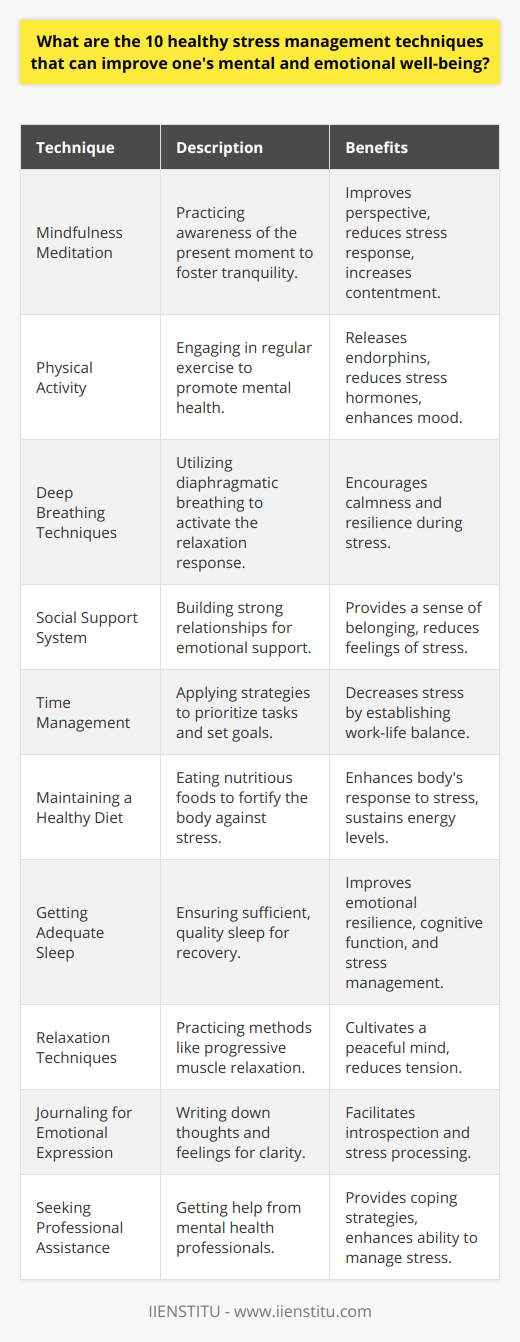The ubiquitous presence of stress in our everyday lives makes it essential to master strategies that neutralize its impact on our mental and emotional well-being. Here are ten healthy stress management techniques that, when applied consistently, can foster improved well-being and vitality.**Mindfulness Meditation**Mindfulness meditation is a cornerstone of stress reduction, promoting a tranquil state of mind through attentiveness to the present moment. By practicing mindfulness, individuals can gain perspective, mitigate stress responses, and cultivate a deeper sense of contentment.**Physical Activity**Regular exercise is a potent remedy for stress. It triggers the release of mood-enhancing endorphins while simultaneously reducing the body's stress hormones. Whether it's a brisk walk, a yoga session, or strength training, physical activity is a powerful ally in the stress management arsenal.**Deep Breathing Techniques**Deep breathing exercises, particularly diaphragmatic breathing, are simple yet effective for activating the body's relaxation response. Regular practice can help individuals stay centered and composed, particularly during moments of heightened stress.**Social Support System**Humans are inherently social beings, and having a robust social support network is invaluable in mitigating the effects of stress. Developing strong bonds with friends, family, and colleagues provides a sense of belonging and stability, which are critical during turbulent times.**Time Management**Effective time management techniques can drastically reduce stress levels by helping individuals prioritize their duties, set realistic goals, and achieve a harmonious work-life balance. Organizational tools and planning strategies are vital components of sound time management.**Maintaining a Healthy Diet**Nutrition plays a pivotal role in how the body and mind respond to stress. A diet that includes a variety of whole foods, lean proteins, and plentiful fruits and vegetables ensures the body has the necessary resources to handle stress effectively.**Getting Adequate Sleep**Sleep is the cornerstone of mental health and stress management. By establishing a regular sleep routine and practicing good sleep hygiene, individuals can enhance their emotional resilience and optimize cognitive and emotional functioning.**Relaxation Techniques**Relaxation techniques, ranging from progressive muscle relaxation to guided imagery, provide a method for individuals to release tension and refresh their minds. When practiced regularly, these techniques help in establishing a more peaceful and grounded mental state.**Journaling for Emotional Expression**Journaling offers a confidential and cathartic avenue for expressing thoughts and feelings, serving as an effective tool for stress management. It encourages introspection and provides clarity, aiding individuals in navigating complex emotions.**Seeking Professional Assistance**There are times when stress becomes overwhelming, and in those instances, professional support is crucial. Mental health professionals, such as therapists or counselors, can aid in understanding stressors and offer tailored coping strategies, significantly enhancing one's ability to manage stress.In conclusion, it's the combination and consistent application of these techniques that pave the way for a mentally and emotionally fulfilling life, irrespective of the stressors. Employees at companies like IIENSTITU, which understand the importance of well-being, can incorporate these strategies to maintain productivity while ensuring their mental health remains a top priority.