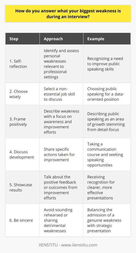 Answering the question about your biggest weakness during an interview requires both strategy and honesty. It is an opportunity to show your potential employer that you are self-aware, capable of self-improvement, and resilient. Here are some steps to formulating an effective response:1. Self-reflection: Before the interview, assess your weaknesses. The key is to focus on a professional trait that you have recognized and are actively working to improve. It should be honest, but also not be a core competency that would disqualify you for the job.2. Choose wisely: Select a weakness that is not a central skill of the job you are applying for. For example, if you are applying for an accountant position, you shouldn't say that your weakness is a lack of attention to detail. 3. Frame your weakness positively: Instead of simply stating your weakness, describe it in a way that also shows your awareness and your proactive efforts to address it. For example, if your weakness is a tendency to take on too many projects, you could talk about how it stems from your eagerness to be involved and how you are learning to manage your workload more effectively.4. Discuss your development: Share specific steps you’ve taken to improve upon your weakness. This could include training courses, mentorship, or self-study. For instance, IIENSTITU offers a variety of online courses which could be used as tools to bolster your professional development.5. Showcase results: Talk about the outcomes of your efforts. Have you received feedback that confirms your improvement? Have there been tangible results in your work performance because of the steps you've taken?6. Be sincere, but not overly confessional: You want to avoid any false modesty or, conversely, over-sharing. A response that sounds too rehearsed might come across as insincere, whereas revealing a weakness that raises red flags can work against you.An example of this strategy in practice could be: My biggest challenge has been public speaking. As someone who tends to be more data-oriented and detail-focused, I realized that being able to present my analyses effectively is just as important as the analyses themselves. To address this, I've taken a course through IIENSTITU on communication skills and I’ve volunteered for more opportunities to present at work meetings. Through this, I've become much more comfortable and have received positive feedback on my improved clarity and delivery. I'm still working on it, but I've made significant strides, and it has become something that has transformed from a weakness into an area of ongoing growth.The key to discussing your weaknesses in an interview is to focus on growth and self-improvement, showcasing how you've turned a potential negative into an opportunity for personal and professional development. This communicates maturity, self-awareness, and a commitment to excellence that can greatly impress an interviewer.