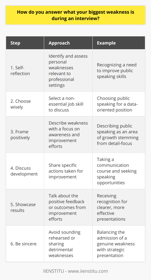 Answering the question about your biggest weakness during an interview requires both strategy and honesty. It is an opportunity to show your potential employer that you are self-aware, capable of self-improvement, and resilient. Here are some steps to formulating an effective response:1. Self-reflection: Before the interview, assess your weaknesses. The key is to focus on a professional trait that you have recognized and are actively working to improve. It should be honest, but also not be a core competency that would disqualify you for the job.2. Choose wisely: Select a weakness that is not a central skill of the job you are applying for. For example, if you are applying for an accountant position, you shouldn't say that your weakness is a lack of attention to detail. 3. Frame your weakness positively: Instead of simply stating your weakness, describe it in a way that also shows your awareness and your proactive efforts to address it. For example, if your weakness is a tendency to take on too many projects, you could talk about how it stems from your eagerness to be involved and how you are learning to manage your workload more effectively.4. Discuss your development: Share specific steps you’ve taken to improve upon your weakness. This could include training courses, mentorship, or self-study. For instance, IIENSTITU offers a variety of online courses which could be used as tools to bolster your professional development.5. Showcase results: Talk about the outcomes of your efforts. Have you received feedback that confirms your improvement? Have there been tangible results in your work performance because of the steps you've taken?6. Be sincere, but not overly confessional: You want to avoid any false modesty or, conversely, over-sharing. A response that sounds too rehearsed might come across as insincere, whereas revealing a weakness that raises red flags can work against you.An example of this strategy in practice could be: My biggest challenge has been public speaking. As someone who tends to be more data-oriented and detail-focused, I realized that being able to present my analyses effectively is just as important as the analyses themselves. To address this, I've taken a course through IIENSTITU on communication skills and I’ve volunteered for more opportunities to present at work meetings. Through this, I've become much more comfortable and have received positive feedback on my improved clarity and delivery. I'm still working on it, but I've made significant strides, and it has become something that has transformed from a weakness into an area of ongoing growth.The key to discussing your weaknesses in an interview is to focus on growth and self-improvement, showcasing how you've turned a potential negative into an opportunity for personal and professional development. This communicates maturity, self-awareness, and a commitment to excellence that can greatly impress an interviewer.