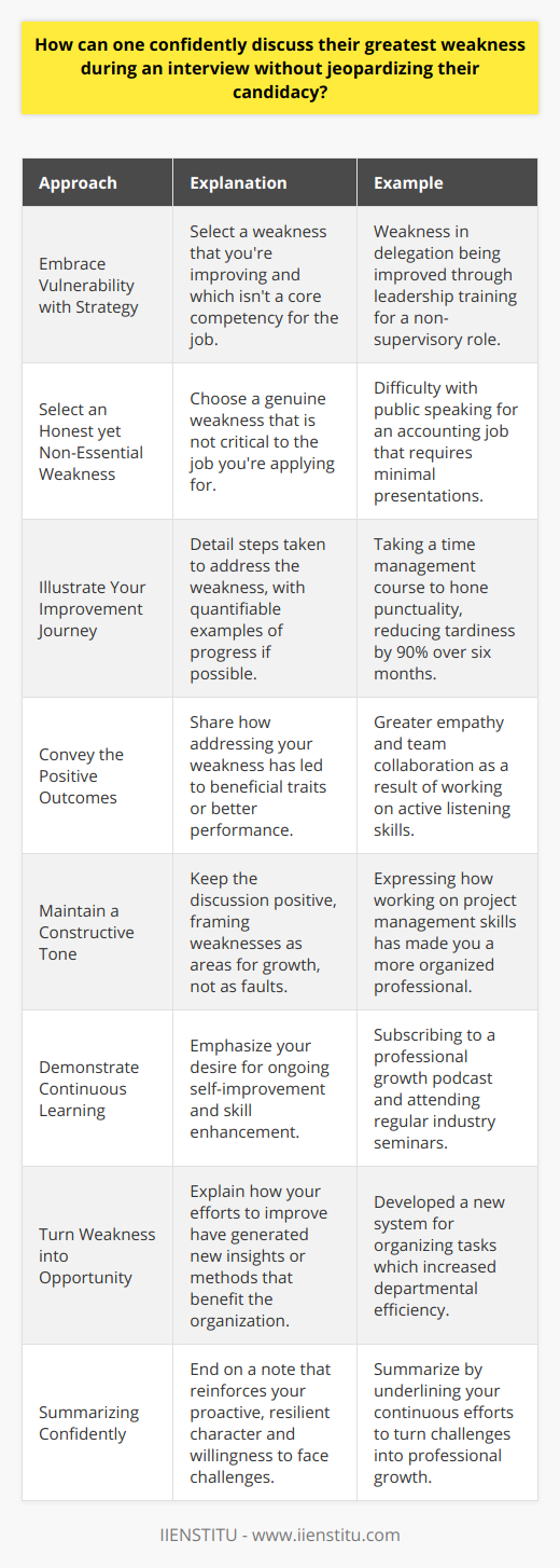 Discussing one's greatest weakness during an interview can indeed be a daunting task. However, when done correctly, it is possible to transform this challenging question into a moment that highlights your strengths and personal development. Here's how you can approach this delicate subject with confidence:Embrace Vulnerability with StrategyUnderstand that vulnerability can be a strength when you frame it within the narrative of personal growth. Instead of shunning the topic, embrace it, but with a strategic mindset. Choose a weakness that you're actively working to improve, which doesn't directly undermine the key competencies of the role you're applying for.Select an Honest yet Non-Essential WeaknessThe weakness you discuss should be genuine, ensuring that you maintain integrity throughout the conversation. It should not be a fundamental skill for the job at hand. For instance, if you are interviewing for an accounting position, saying you're bad with numbers would be disqualifying. Instead, you might say that public speaking has been a challenge for you if the role doesn't involve this as a core task.Illustrate Your Improvement JourneyDescribing the measures you've taken to conquer or manage your weakness can turn a potential negative into a positive. Tell a story that demonstrates recognition, action, and progression. Have you taken a course, sought mentorship, or employed specific organizational tools to overcome this challenge? Showcase these efforts quantitatively, if possible.Convey the Positive OutcomesWhen speaking about your weakness, pivot to discuss how working on this challenge has led to positive outcomes. Reflecting on how this journey has improved your efficiency, empathy, or ability to collaborate can paint a picture of someone who is not only self-aware but also committed to continual growth.Maintain a Constructive ToneThroughout the discussion, avoid a defeatist attitude. Instead, maintain a positive and constructive tone that suggests that while you recognize and own your areas for growth, they are not roadblocks but rather stepping stones to becoming a better professional.Demonstrate Continuous LearningHighlight your commitment to lifelong learning. Businesses value employees who are adaptable and eager to enhance their skill set. Discussing your weakness in the context of ongoing development can illustrate a robust professional ethos.Turn Weakness into OpportunityWhen you frame your weakness in such a way that it presents an opportunity for the company to harness your learning and growth, it can become an asset. For example, if your weakness has led you to develop unique coping strategies, these may offer fresh insights or approaches to the team or project.Summarizing ConfidentlyIn sum, talking about your greatest weakness is less about the flaw itself and more about showcasing a proactive and resilient character. It's an opportunity to demonstrate that you possess the insight and initiative to face challenges and emerge stronger—an appealing trait for any prospective employer. Remember, employers are not seeking perfection; they are looking for individuals who can confront imperfections with determination and smart strategies.