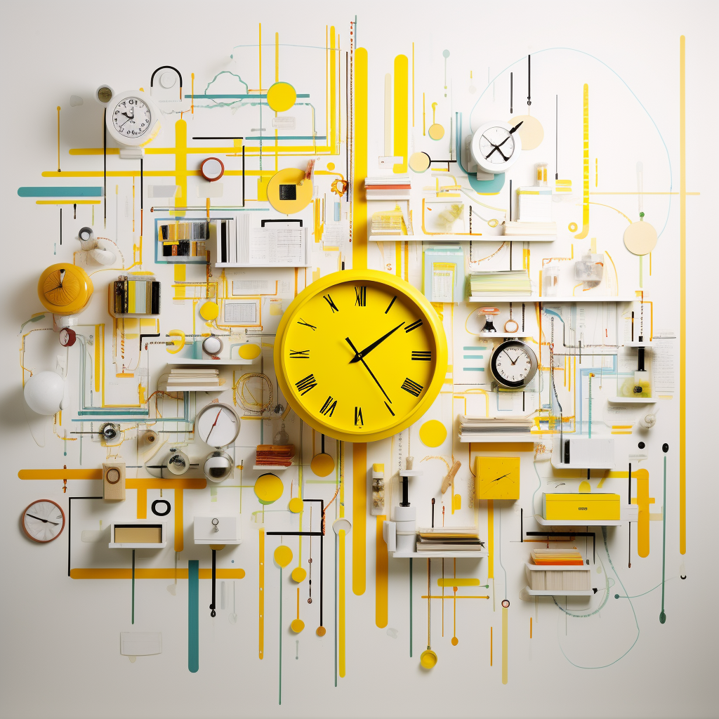 Conjure the image of a large, white wall clock, its face partitioned into different sections, each section painted with different tasks - a book, a dumbbell, a laptop. Each task is separated by bold, yellow lines symbolizing specific time slots. It offers a visually impactful representation of Time Blocking.