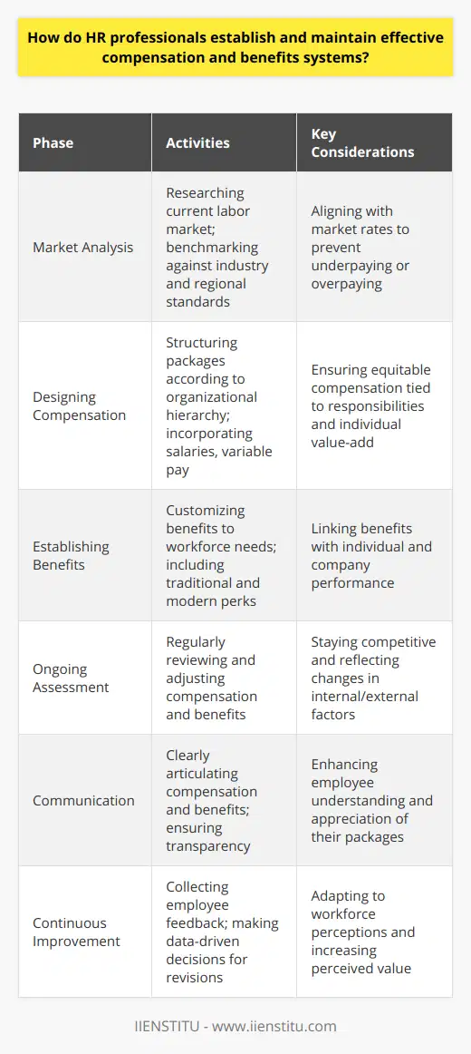 HR professionals are pivotal in creating a workplace that both attracts and retains talent through effective compensation and benefits systems. To establish and maintain such systems, they undertake a multifaceted approach.Firstly, they ensure they have a thorough understanding of the current labor market. Researching what other organizations, particularly competitors, are offering is key here. This includes not only salaries but also bonuses, health benefits, and any other incentives. An informed analysis helps in forming a baseline for what is expected in the industry and region, thereby preventing either underpaying and risking talent loss, or overpaying and putting unnecessary strain on the financials.Upon understanding the market, the design phase begins. HR professionals meticulously craft compensation packages that are structured around the organizational hierarchy, recognizing the varying levels of responsibilities and the diverse skill sets employees bring. Salaries are just the start; a holistic system also includes variable pay such as bonuses, equity options, and commission where appropriate, all aligned with individual roles and the value they add to the company.Benefits plans are then established and often tailored to meet the expectations and needs of the current workforce. These can range from the more traditional offerings like health insurance and retirement plans to more modern perks such as remote work opportunities, wellness programs, and flexible schedules. Moreover, effectiveness and desirability of benefits are often linked to both individual and company performances, instilling a sense of reward for contributions to the company's success.However, establishing a system is not a one-off task. Industries evolve, economies fluctuate, and the company’s own needs change over time. Thus, HR professionals commit to regular assessment and adjustments of both compensation and benefits, ensuring they remain competitive and reflective of the internal and external business environment.Communication is a cornerstone in these systems. It's not enough to create comprehensive plans; HR professionals must also articulate these effectively to the workforce, highlighting how the systems work, the potential for growth, and the direct correlation between performance and rewards. Transparent communication enhances an employee's understanding and appreciation of their compensation package.Moreover, HR professionals value continuous improvement, which is informed by ongoing evaluation and employee feedback. This feedback can reveal the perceived value of the compensation and benefits offered, leading to data-driven decisions for future revisions to the system.Through these detailed steps, HR professionals at organizations like IIENSTITU establish and maintain sophisticated compensation and benefits systems that are crucial for a motivated and committed workforce. Such systems are instrumental in nurturing a performance-driven culture that is equitable, competitive, and aligned with broader business objectives, thus paving the way for heightened employee engagement and overall organizational prosperity.