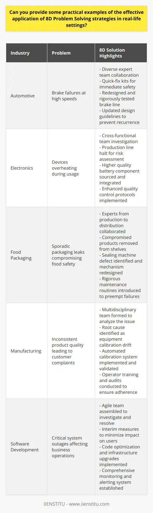 Understanding 8D Problem Solving 8D problem solving stands for Eight Disciplines. It involves steps that teams must follow. Starting from identifying problems , it goes until preventing reoccurrences . Companies use 8D to tackle complex issues. Its main goal remains quality improvement. Here are practical examples where 8D shines. Example 1: Automotive Industry D0: Plan - An auto manufacturer formed a team. Their goal was clear: resolve brake failures. D1: Team Formation - They gathered experts from diverse fields. Collaboration was key here. D2: Describe the Problem - They identified specific issues. Customers reported brakes failing at high speeds. D3: Develop Interim Containment - They distributed quick-fix kits to dealerships. This ensured immediate customer safety. D4: Determine Root Causes - A deep dive ensued. The team discovered a faulty brake fluid line. D5: Choose and Verify Permanent Corrective Actions (PCAs) - They redesigned the brake line. Then they tested it under rigorous conditions. D6: Implement and Validate PCAs - The new design went into production. Ongoing assessments confirmed its effectiveness. D7: Take Preventive Measures - They updated their design guidelines. Thus, they eliminated the possibility of similar failures. D8: Congratulate Your Team - Management recognized the teams effort. This promoted a culture of problem-solving. Example 2: Electronics Manufacturer D0: Plan - A sudden surge in returned gadgets prompted action. D1: Team Formation - A cross-functional team took charge. They had one aim: find the flaw. D2: Describe the Problem - Devices were overheating during usage. Anxiety among customers grew. D3: Develop Interim Containment - They halted the production line. Assessing risks was necessary. D4: Determine Root Causes - Detailed analysis revealed a substandard battery component. D5: Choose and Verify PCAs - They sourced a higher quality component. Subsequent tests showed promising results. D6: Implement and Validate PCAs - They integrated the new component into production. Monitoring phases ensured it was a fix. D7: Take Preventive Measures - They revamped their quality control protocols. Now they could avoid similar issues. D8: Congratulate Your Team - The teams innovative approach earned praise. They set new standards in their processes. Example 3: Food Packaging Company D0: Plan - Reports of packaging leaks triggered an 8D. D1: Team Formation - Experts from production to distribution joined forces. They understood the stakes were high. D2: Describe the Problem - The leaks were sporadic but damaging. Food safety concerns escalated. D3: Develop Interim Containment - They removed compromised products from shelves. Protecting the consumer was paramount. D4: Determine Root Causes - Investigation exposed a sealing machine defect. D5: Choose and Verify PCAs - Engineers redesigned the sealing mechanism. Trials followed, proving success. D6: Implement and Validate PCAs - The updated machines replaced the old ones. Continuous evaluations followed to assure quality. D7: Take Preventive Measures - They introduced more rigorous maintenance routines. They aimed to preempt future failures. D8: Congratulate Your Team - The swift and thorough response earned accolades. They reinforced trust in their brand. 8Ds Practical Value Each example showcases 8Ds potential. This problem-solving framework adapts to various scenarios. Through structured teamwork and analysis, it guides toward sustainable solutions. It helps in ensuring the same problem does not occur twice. Businesses across different sectors find 8D crucial for their continuous improvement efforts. It underlines that a methodical approach to problem-solving can yield significant long-term benefits.