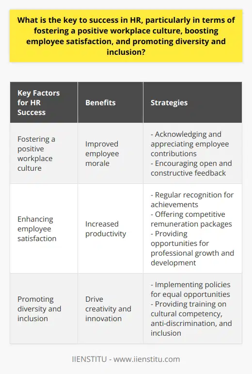 The key to success in HR lies in developing a positive workplace culture. A positive culture not only boosts employee satisfaction but also increases their productivity. To create a positive culture, HR teams should invest in a work environment that acknowledges and appreciates employee contributions, and encourages open and constructive feedback.In addition, enhancing employee satisfaction is crucial for HR success. When employees feel valued and satisfied with their job conditions, they are more likely to perform at higher levels. HR can foster employee satisfaction by providing regular recognition for achievements, offering competitive remuneration packages, and providing opportunities for professional growth and development.Promoting diversity and inclusion is another important aspect of HR success. A workforce that encompasses diverse perspectives, backgrounds, and skills can drive creativity and innovation. HR should implement policies that ensure equal opportunities for all employees, regardless of their gender, ethnicity, or sexual orientation. Training sessions on cultural competency, anti-discrimination, and inclusion can further promote a respectful and inclusive work environment.To summarize, fostering a positive workplace culture, enhancing employee satisfaction, and promoting diversity and inclusion are key factors for HR success. These strategies require consistent attention and effort, but they yield significant benefits such as improved employee morale, increased productivity, and overall success for the company.