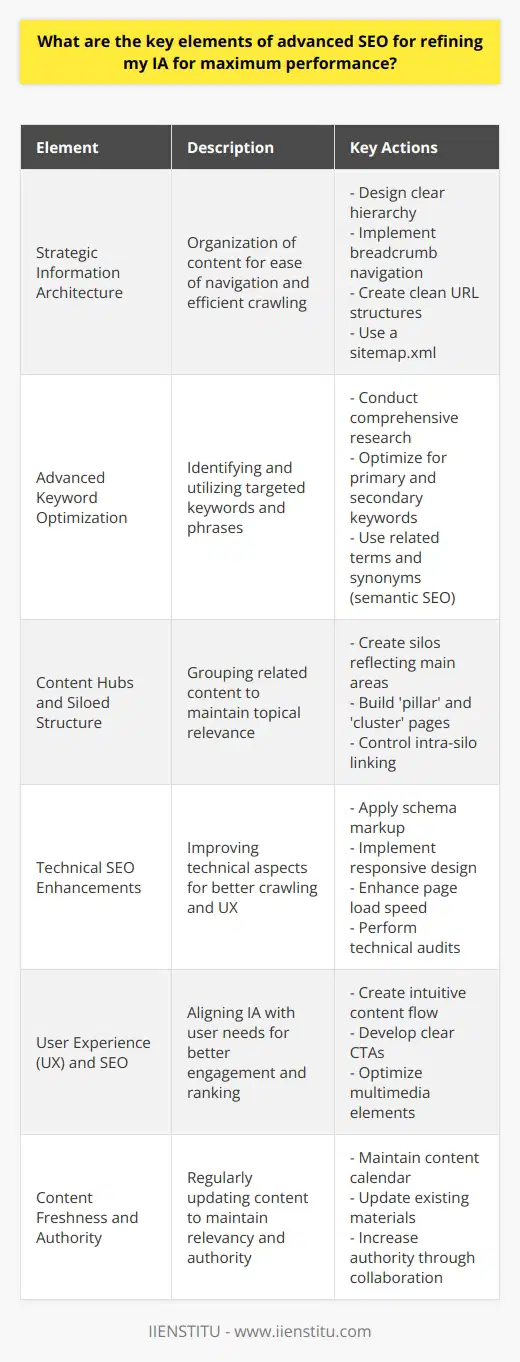 Search Engine Optimization (SEO) is a dynamic field that requires a deep understanding of numerous factors that contribute to a website's search engine ranking and overall performance. Advanced SEO techniques involve not only on-page and off-page optimization but also optimizing the website's information architecture (IA) for search engines and users. Below are the key elements that one should focus on to refine their IA for maximum SEO performance.**1. Strategic Information Architecture:** Information architecture is the blueprint of how content is organized on a website. A well-structured IA helps users navigate the website easily and allows search engine bots to crawl and index content efficiently. For advanced SEO, ensure that: - Your website has a clear hierarchy and logical structure, with main categories and subcategories that are intuitive. - The navigation is user-friendly with breadcrumb navigation to aid user orientation. - URL structures are clean and consistent, containing relevant keywords without becoming overly complex. - A sitemap.xml file is in place to list all important pages, aiding search engines in understanding the site structure.**2. Advanced Keyword Optimization:** Effective keyword optimization goes beyond adding keywords into content; it's about understanding user intent and researching long-tail keywords that bring in targeted traffic. - Perform comprehensive keyword research to identify high-value keywords with a strong intent. - Use tools to analyze keyword trends, search volumes, and competition levels. - Optimize content around both primary and secondary keywords without resorting to keyword stuffing. - Implement semantic SEO by using related terms and synonyms to increase relevance and context.**3. Content Hubs and Siloed Structure:** For sophisticated SEO, grouping related content in silos or hubs can offer a significant advantage. - Structure your content into silos that reflect your main service areas or product categories. - Create a main 'pillar' page that provides an overview of the topic and links out to more detailed 'cluster' content pages. - Link between pages within the same silo but minimize cross-linking to unrelated topics to maintain topical relevance.**4. Technical SEO Enhancements:** The technical setup of your IA should facilitate search engines in crawling and indexing your content. - Implement schema markup to provide search engines with additional context on page content. - Ensure a mobile-friendly (responsive) design, catering to the rising number of mobile users and search engine preferences. - Improve page load speeds as they are crucial for both SEO and user experience. - Regularly conduct technical SEO audits to find and fix crawl errors, broken links, and redirects that could impede search engine crawling.**5. User Experience (UX) and SEO Intersection:** IA should prioritize the user experience, as UX is becoming an increasingly important SEO factor. - Ensure a logical and intuitive content flow that matches the user's journey. - Create clear and compelling CTAs (call-to-actions) to guide users to conversion while being informative to search engines. - Optimize multimedia elements like images and videos to enhance content while bearing in mind the load times and alt text.**6. Content Freshness and Authority:** Search engines favor websites that regularly update their content and are considered authoritative on their subjects. - Create a content calendar for regular updates and add new, high-quality content. - Update existing content to keep it relevant and current, showing search engines that your site is a living resource. - Pursue guest posting, expert interviews, and collaborations to increase authority through association and backlinks.In summary, fine-tuning your IA with the advanced SEO elements mentioned above can significantly improve your website's search engine performance. This holistic approach, which aligns structure, keyword strategy, technical precision, and authoritative content creation, will help ensure that both search engines and users regard your website favorably. Remember, SEO is not just about appeasing search engines but also about providing a superior experience to the human beings who visit your website.