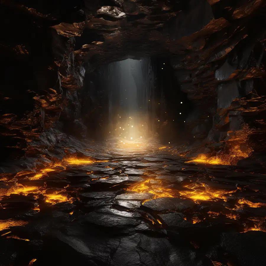 In the center of the image is an impressively illuminated cave. The cave entrance is colored yellow and filled with white lights. This symbolizes the inner world of personal growth waiting to be explored. The dark corridor leading into the cave represents a challenging yet mysterious journey of personal growth.  On the left side of the image, there is a striking black mirror. The person reflected in the mirror is depicted as a person seeking self-discovery. The color black symbolizes turning inward and self-awareness, while the reflection in the mirror marks the beginning of personal growth.  On the right side of the image, there is a lush green meadow. This meadow is a place where new knowledge and skills are acquired. The human figures are improving themselves by doing various activities in this space. Some are reading books, some are making art, some are exercising and some are meditating to find inner peace.  At the bottom of the image, a ladder is seen climbing upwards. This ladder represents that personal development is a continuous journey, constantly moving towards becoming a better version of oneself.  At the top of the image, there is a white sky covered with clouds. A hole in the clouds signifies a journey into the light and symbolizes the opportunity for personal growth to reach a potential that transcends boundaries.  The yellow color in the image creates a bright and inspiring atmosphere, while the black and white colors represent contrast and turning inward. The details have been carefully chosen to capture the enlightenment achieved and the peace that comes with wisdom.  The image expresses the balance between light and darkness through strong color contrasts and meaningful symbolism, while conveying that personal growth is an inner and transformative journey. The atmosphere of the image can be conveyed to a visually impaired person through audio, while the content and symbols can be explained in a way that helps them understand the subject matter of personal growth.