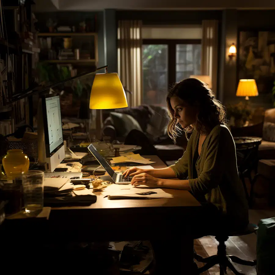 The visual portrays a captivating film scene that revolves around the theme of "Overcoming Financial Costs in Lifelong Learning." The setting is a cozy, dimly lit living room where the protagonist, Sarah, is seated at her desk, engrossed in studying. The dominant colors are yellow, black, and white, creating a warm yet introspective atmosphere.  The camera captures Sarah's determined expression as she browses through various online learning platforms on her laptop. Her facial expression reflects the weight of the financial challenges she faces in her pursuit of knowledge.  On the wall behind Sarah, there is a vision board with cutouts of inspiring quotes, images of successful professionals, and images depicting education and personal growth. The vision board represents Sarah's aspirations and serves as a reminder of the long-term benefits of her educational journey.  In the corner of the room, a shelf displays a stack of books and study materials. Some of the books are old and well-worn, reflecting Sarah's commitment to lifelong learning despite financial constraints. The books are illuminated by a small desk lamp, symbolizing the light of knowledge shining through even in the darkest of times.  At the center of the image, a unique piece of art is hung on the wall. The art portrays a tree with its roots deep in the ground, stretching its branches upwards. Each branch is filled with words that represent various learning opportunities and resources. This art serves as a metaphor for Sarah's growth and resilience, even when faced with financial challenges.  To Sarah's left, a flickering candle symbolizes hope and determination, indicating that she remains unwavering in her pursuit of knowledge, despite the financial hurdles she faces.  In the foreground, there is a worn-out piggy bank with a few coins scattered nearby. This piggy bank represents the financial burden that lifelong learning can impose, but the scattered coins symbolize the small steps Sarah takes to save and invest in her education.  The visual storytelling emphasizes the emotional journey of Sarah, highlighting her commitment to personal growth and education despite financial obstacles. The scene conveys a powerful message of resilience, determination, and the belief that knowledge is a valuable investment that pays off in the long run.  The absence of text allows the image to speak for itself, making it accessible to individuals with visual impairment. Every detail, from the flickering candle to the scattered coins, is carefully thought out to convey the concept of overcoming financial costs in lifelong learning.