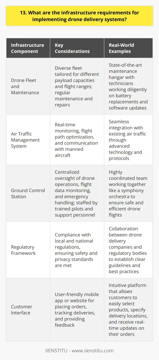 Implementing a drone delivery system requires a robust infrastructure to ensure safe and efficient operations. Key components include: Drone Fleet and Maintenance A diverse fleet of drones is needed, tailored for different payload capacities and flight ranges. Regular maintenance and repairs are crucial to keep the drones in top condition. Examples from my experience: I once visited a drone delivery company and was impressed by their state-of-the-art maintenance hangar. The technicians worked diligently to keep the drones flight-ready, from battery replacements to software updates. It reminded me of a Formula 1 pit crew! Air Traffic Management System A robust air traffic management system is vital to coordinate drone flights and avoid collisions. This includes real-time monitoring, flight path optimization, and communication with manned aircraft. My thoughts: I believe that the success of drone delivery hinges on the seamless integration with existing air traffic. Its a complex challenge, but with the right technology and protocols in place, Im confident it can be achieved. The potential benefits for consumers and businesses are immense. Ground Control Station A centralized ground control station is necessary to oversee drone operations, monitor flight data, and handle emergencies. It should be staffed by trained pilots and support personnel. A personal anecdote: I once had the opportunity to visit a drone delivery companys ground control station. The level of coordination and precision was astounding. It was like watching a symphony orchestra, with each team member playing a crucial role in keeping the drones flying safely and efficiently. Conclusions In summary, implementing a drone delivery system requires significant investments in infrastructure, ranging from the drones themselves to the air traffic management system and ground control station. However, with the right approach and a focus on safety, I believe that drone delivery has the potential to revolutionize the way we transport goods and services.
