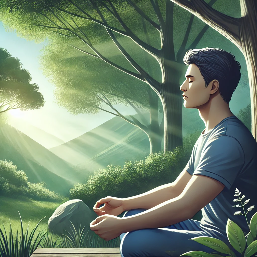 A serene individual practicing deep breathing in a calming outdoor environment, illustrating anger management techniques.