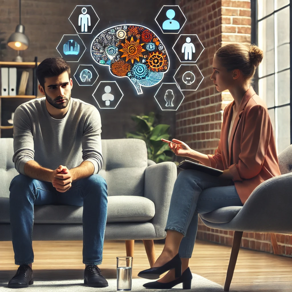 Individual speaking with a therapist in a supportive, professional environment to highlight seeking help for anger management