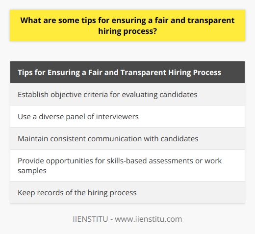 One important tip for ensuring a fair and transparent hiring process is to establish objective criteria for evaluating candidates. This means defining the essential qualifications and skills required for the position and using those as the basis for assessing applicants. By having clear and unbiased standards, companies can ensure that all candidates are evaluated fairly and equally.Another tip is to use a diverse panel of interviewers. By including individuals from different backgrounds and perspectives, companies can reduce the risk of bias and ensure that multiple viewpoints are considered during the evaluation process. This can help prevent any unfair advantages or disadvantages based on personal preferences or biases.Furthermore, maintaining consistent communication with candidates is crucial for transparency. Companies should provide regular updates throughout the process, informing candidates of their status and any changes or developments. This helps to build trust and ensures that candidates are aware of what to expect during each stage of the hiring process.In addition, companies can promote fairness and transparency by providing opportunities for candidates to showcase their abilities through skills-based assessments or work samples. This can help to eliminate any biases that may arise from subjective evaluations and provide a more objective assessment of a candidate's capabilities.Lastly, it is important for companies to keep records of the hiring process, including interview notes and evaluations. This documentation can serve as evidence of a fair and transparent process, should any disputes or claims of unfair treatment arise.By following these tips, companies can take proactive steps to ensure a fair and transparent hiring process. This not only helps to attract top talent but also promotes diversity, equality, and trust within the organization.