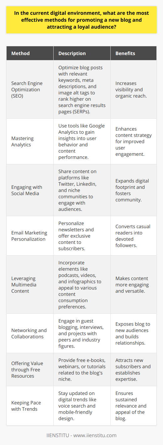 Establishing and promoting a new blog in today’s digital landscape requires an insightful strategy that blends visibility initiatives with high-quality content production. Here are some contemporary approaches to grow your blog’s audience effectively:1. Search Engine Optimization:SEO is a fundamental tactic for any blog aiming to secure a spot at the top of search engine results pages. This involves optimizing your posts with relevant keywords, meta descriptions, and alt tags for images. However, SEO is not simply about peppering your content with keywords; it’s more about providing value through comprehensive, well-researched posts that answer your audience’s queries. SEO trends constantly evolve, so keeping abreast of the latest algorithm changes is critical for continued success.2. Mastering Analytics:Beyond basic SEO, mastering tools such as Google Analytics can offer insights into user behavior, enabling you to refine your content strategy. Investigate which posts garner the most attention, where your traffic originates, and the demographics of your audience. With this data, tailor your content to match audience preferences and boost engagement.3. Engaging with Social Media:Expanding your digital footprint through social media can significantly enhance your blog’s reach. Platforms like Twitter, LinkedIn, and niche-specific online communities can be utilized to share your content and interact with your audience. Unique to each platform, strategies such as participating in Twitter threads, joining LinkedIn groups, or contributing to forums can foster community and brand loyalty.4. Email Marketing Personalization:Email marketing remains a highly effective tool when done correctly. Personalizing newsletters and offering exclusive content to your subscribers can turn casual readers into devoted followers. Segmenting your email list to deliver tailored content to different user groups enhances this personal touch.5. Leveraging Multimedia Content:Incorporating multimedia elements like podcasts, videos, or infographics can not only make your content more engaging but also help in tapping into various content consumption preferences within your audience.6. Networking and Collaborations:Building relationships with other bloggers and industry figures can pave the way for collaborations such as guest blogging, interviews, or shared projects. Networking, whether online or offline, can expose your blog to new audiences.7. Offering Value through Free Resources:Providing value can come in forms like free e-books, webinars, or tutorials related to your blog's niche. This not only serves as an incentive for new subscribers but also establishes your blog as a go-to resource within your area of expertise.8. Keeping Pace with Trends:Lastly, staying informed and adaptable to digital trends, such as the rise of voice search or the importance of mobile-friendly design, will help you sustain your blog’s relevance and appeal.High-quality, relevant content remains the linchpin of any successful blog. When combined with tailored promotion tactics–from SEO best practices and social media strategies to email marketing personalization and multimedia engagement–your blog is well-positioned to attract and retain a loyal readership in a crowded digital ecosystem.