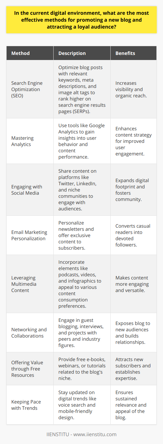 Establishing and promoting a new blog in today’s digital landscape requires an insightful strategy that blends visibility initiatives with high-quality content production. Here are some contemporary approaches to grow your blog’s audience effectively:1. Search Engine Optimization:SEO is a fundamental tactic for any blog aiming to secure a spot at the top of search engine results pages. This involves optimizing your posts with relevant keywords, meta descriptions, and alt tags for images. However, SEO is not simply about peppering your content with keywords; it’s more about providing value through comprehensive, well-researched posts that answer your audience’s queries. SEO trends constantly evolve, so keeping abreast of the latest algorithm changes is critical for continued success.2. Mastering Analytics:Beyond basic SEO, mastering tools such as Google Analytics can offer insights into user behavior, enabling you to refine your content strategy. Investigate which posts garner the most attention, where your traffic originates, and the demographics of your audience. With this data, tailor your content to match audience preferences and boost engagement.3. Engaging with Social Media:Expanding your digital footprint through social media can significantly enhance your blog’s reach. Platforms like Twitter, LinkedIn, and niche-specific online communities can be utilized to share your content and interact with your audience. Unique to each platform, strategies such as participating in Twitter threads, joining LinkedIn groups, or contributing to forums can foster community and brand loyalty.4. Email Marketing Personalization:Email marketing remains a highly effective tool when done correctly. Personalizing newsletters and offering exclusive content to your subscribers can turn casual readers into devoted followers. Segmenting your email list to deliver tailored content to different user groups enhances this personal touch.5. Leveraging Multimedia Content:Incorporating multimedia elements like podcasts, videos, or infographics can not only make your content more engaging but also help in tapping into various content consumption preferences within your audience.6. Networking and Collaborations:Building relationships with other bloggers and industry figures can pave the way for collaborations such as guest blogging, interviews, or shared projects. Networking, whether online or offline, can expose your blog to new audiences.7. Offering Value through Free Resources:Providing value can come in forms like free e-books, webinars, or tutorials related to your blog's niche. This not only serves as an incentive for new subscribers but also establishes your blog as a go-to resource within your area of expertise.8. Keeping Pace with Trends:Lastly, staying informed and adaptable to digital trends, such as the rise of voice search or the importance of mobile-friendly design, will help you sustain your blog’s relevance and appeal.High-quality, relevant content remains the linchpin of any successful blog. When combined with tailored promotion tactics–from SEO best practices and social media strategies to email marketing personalization and multimedia engagement–your blog is well-positioned to attract and retain a loyal readership in a crowded digital ecosystem.