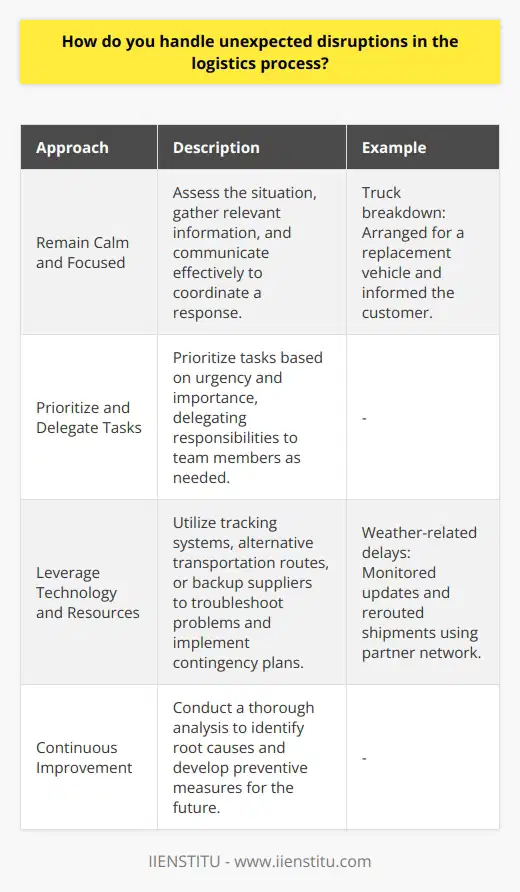 When faced with unexpected disruptions in the logistics process, I remain calm and focused on finding solutions. I quickly assess the situation, gather relevant information, and communicate with all parties involved to coordinate a response. Prioritizing and Delegating Tasks I prioritize tasks based on urgency and importance, delegating responsibilities to team members as needed. This ensures that critical issues are addressed promptly while maintaining overall efficiency. Example: Truck Breakdown Once, a delivery truck broke down, jeopardizing a time-sensitive shipment. I immediately contacted the driver, arranged for a replacement vehicle, and informed the customer of the slight delay. By acting swiftly and communicating effectively, we minimized the impact on the customers operations. Leveraging Technology and Resources I leverage available technology and resources to troubleshoot problems and implement contingency plans. This may involve utilizing tracking systems, alternative transportation routes, or backup suppliers. Example: Weather-Related Delays During a severe weather event, I monitored real-time updates and communicated with carriers to reroute shipments as necessary. By staying proactive and utilizing our network of partners, we were able to keep deliveries moving despite the challenging conditions. Continuous Improvement and Learning I believe in learning from disruptions and continuously improving our processes. After resolving an issue, I conduct a thorough analysis to identify root causes and develop preventive measures for the future. By staying adaptable, communicating effectively, and leveraging resources, I can successfully handle unexpected disruptions while minimizing their impact on the overall logistics process.