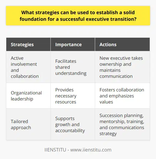 The transition process should involve active involvement and collaboration between the existing and new executives. The new executive should take ownership of the transition plan and maintain effective communication with the existing executive to ensure a shared understanding of the new role and expectations. The existing executive should provide the new executive with access to critical information and clarify roles and responsibilities to facilitate a smooth transition.Organizational leadership plays a crucial role in facilitating a successful executive transition. Leaders should foster collaboration and engagement between the existing and new executives and provide the necessary resources for a smooth transition. They should also emphasize the values that the new executive stands for and seeks to promote, forging a cohesive relationship between the new executive and the organization.A tailored approach to executive transition is also important. Organizations should implement various succession planning strategies, such as developing performance benchmarks and identifying potential successors. They should offer mentorship and training opportunities to support the new executive's growth. An accountability system should be in place to motivate the new executive and hold them accountable for their commitments. Additionally, a communications strategy should be deployed to inform stakeholders of the transition and build support and acceptance of the new leader.In conclusion, establishing a solid foundation for a successful executive transition requires active involvement from both the existing and new executives, organizational leadership, a tailored approach to transition planning, and effective communication and collaboration. By implementing these strategies, organizations can ensure a smooth and successful executive transition, setting the stage for future success.
