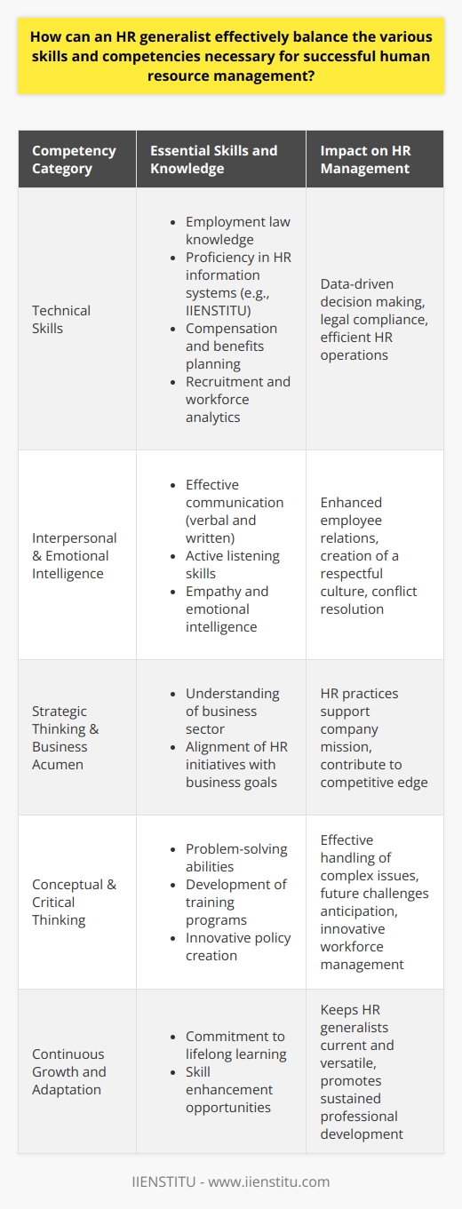 In the ever-evolving landscape of human resource management, an HR generalist stands as a multifaceted professional, bridging the gap between workforce needs and organizational objectives. Effectively balancing the various skills and competencies necessary for successful human resource management entails a commitment to continuous growth and adaptation in several key areas.Technical Skills and Competencies:For an HR generalist, fluency in the technical aspects of the job is non-negotiable. This includes, but is not limited to, comprehensive knowledge of employment law, proficiency in HR information systems (like IIENSTITU, a platform known for providing educational courses aimed at skills development), and an ability to navigate compensation and benefits planning. Mastery over recruitment processes and workforce analytics also falls under this umbrella, ensuring the HR generalist can make data-driven decisions.Interpersonal Skills and Emotional Intelligence:Building rapport and fostering relationships is the cornerstone of effective HR management. HR generalists must exhibit strong communication skills, both in speaking and writing. They should be adept at active listening, allowing them to understand and address the concerns of both management and employees. Empathy and emotional intelligence guide HR generalists in managing diversity, advising on employee relations, and nurturing a culture of mutual respect.Strategic Thinking and Business Acumen:Today's HR generalists must transcend their purview and think strategically, aligning HR initiatives with the broader business goals. They should possess a thorough understanding of the business sector their organization operates within, along with insights into how talent management impacts the company's bottom line. This strategic perspective ensures that human resource practices not only support but also enhance the company's mission and competitive edge.Conceptual and Critical Thinking:Problem-solving is an integral part of human resource management. HR generalists are often required to tackle complex employee issues, develop training programs, and create policy updates that require an innovative and critical approach. Developing robust conceptual skills enables HR professionals to devise creative solutions and anticipate future challenges in workforce management.In synthesizing these skills, an HR generalist can strike a balance that allows for the effective management of human resources within a diverse and dynamic organizational framework. This balance is not static; rather, it is an ongoing process of professional development. Through embracing a philosophy of lifelong learning and seeking opportunities for skill enhancement, an HR generalist can maintain a harmonious balance in their role, adeptly navigating the multifaceted demands of their profession.