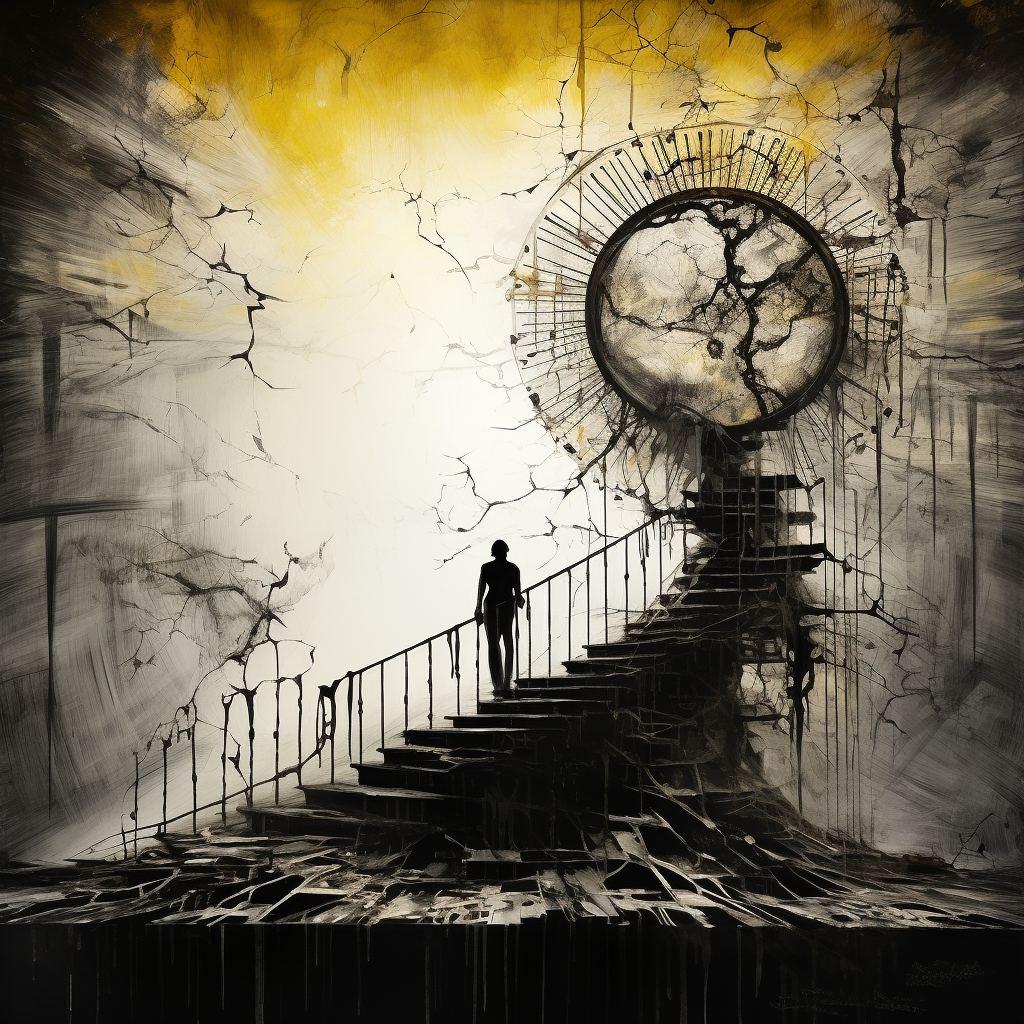 Dramatic contrast, monochrome, hints of yellow, silhouette of exhausted figure, rising sun, shattered clock, ascending staircase, fraying rope, shadowed personal growth tree, reflective surface, labyrinth overlay, blurred edges.