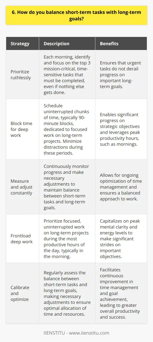 I strive to strike a healthy balance between focusing on urgent tasks and making steady progress toward bigger-picture objectives. Its not always easy, but Ive developed some effective strategies over the years.<h3>Prioritize ruthlessly</h3><p>Im pretty ruthless about prioritizing my workload. Every morning, I write down my top 3 must-dos for the day. These are the mission-critical, time-sensitive items that absolutely have to get done, even if nothing else does. I learned the hard way early in my career that if you dont prioritize, urgent tasks can totally derail you from important goals.<h4>Block time for deep work</h4>To make headway on long-term projects, I block off chunks of uninterrupted  deep work  time on my calendar, usually in 90-minute stretches. I treat these blocks as sacred and try to minimize distractions during them. Its amazing how much you can get done in a focused sprint! Im at my best in the mornings so I frontload my deep work then.<h3>Measure and adjust constantly</h3>Balancing daily tasks with big goals is an ongoing juggling act. Im always measuring my progress and adjusting as needed. If I spend a few days fighting fires, I know I need to carve out extra time for strategic projects the next week. Its a constant cycle of calibration, but worth the effort to keep things in balance. Im certainly not perfect at it, but Im always striving to optimize my approach.