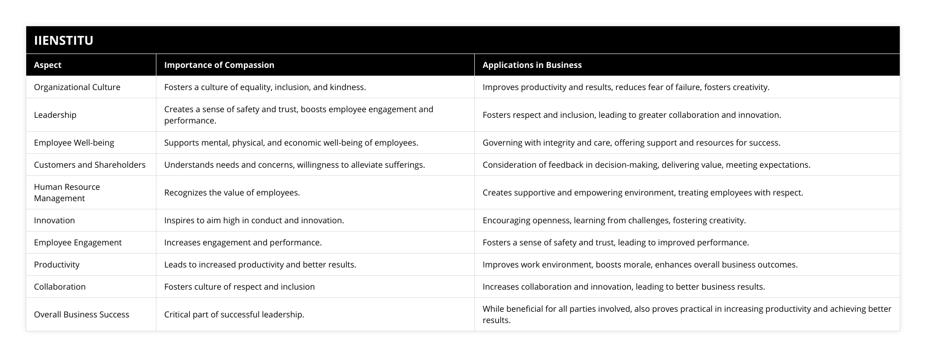 Organizational Culture, Fosters a culture of equality, inclusion, and kindness, Improves productivity and results, reduces fear of failure, fosters creativity, Leadership, Creates a sense of safety and trust, boosts employee engagement and performance, Fosters respect and inclusion, leading to greater collaboration and innovation, Employee Well-being, Supports mental, physical, and economic well-being of employees, Governing with integrity and care, offering support and resources for success, Customers and Shareholders, Understands needs and concerns, willingness to alleviate sufferings, Consideration of feedback in decision-making, delivering value, meeting expectations, Human Resource Management, Recognizes the value of employees, Creates supportive and empowering environment, treating employees with respect, Innovation, Inspires to aim high in conduct and innovation, Encouraging openness, learning from challenges, fostering creativity, Employee Engagement, Increases engagement and performance, Fosters a sense of safety and trust, leading to improved performance, Productivity, Leads to increased productivity and better results, Improves work environment, boosts morale, enhances overall business outcomes, Collaboration, Fosters culture of respect and inclusion, Increases collaboration and innovation, leading to better business results, Overall Business Success, Critical part of successful leadership, While beneficial for all parties involved, also proves practical in increasing productivity and achieving better results
