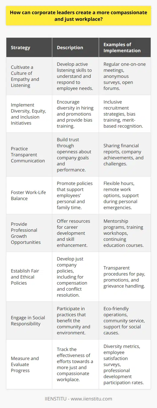 Creating a more compassionate and just workplace is an essential responsibility of corporate leaders who are committed to fostering a positive work environment and supporting the overall well-being of their employees. Leadership that centers around compassion and justice can lay the foundation for increased employee satisfaction, improved productivity, and a more robust corporate culture. Below are key strategies for corporate leaders to achieve these objectives.**Cultivate a Culture of Empathy and Listening**One of the primary steps in creating a compassionate workplace is for leaders to develop a culture of empathy. This means actively listening to employees' concerns, understanding their challenges, and being responsive to their needs. Leaders can demonstrate empathy by holding regular one-on-one meetings, conducting anonymous surveys, or creating open forums where employees feel comfortable and safe to share their experiences and hardships.**Implement Diversity, Equity, and Inclusion Initiatives**A just workplace is one where diversity is celebrated, equity is pursued, and inclusion is the norm. Corporate leaders should implement DEI (Diversity, Equity, and Inclusion) initiatives that go beyond mere tokenism or checking a box. This includes recruitment strategies that reach a diverse talent pool, providing bias training for employees at all levels, and promoting a merit-based culture where everyone has an equal opportunity to succeed and climb the corporate ladder.**Practice Transparent Communication**Transparency in communication builds trust and signals to employees that the company values integrity and openness. Transparent communication can be practiced by sharing company goals, financial health, successes, and setbacks with employees. It encourages a shared sense of purpose and ownership among all team members and helps foster a just environment.**Foster Work-Life Balance**Corporate leaders should recognize that employees have lives outside the office and respect that by encouraging work-life balance. This can involve flexible working hours, the option for remote work, and understanding that personal emergencies sometimes take precedence. These policies show compassion by acknowledging the diverse needs and circumstances of employees.**Provide Professional Growth Opportunities**A significant aspect of a just workplace is giving employees the tools and opportunities to grow professionally. This involves creating clear career paths, offering training programs, mentorship, and continuing education opportunities. By investing in the professional development of employees, corporate leaders show they value and believe in their staff's potential.**Establish Fair and Ethical Policies**Corporate leaders must ensure that company policies are ethical, fair, and consistently applied. This includes compensation and benefits, conflict resolution processes, and performance assessments. When policies are fair and enforced justly, employees are more likely to feel valued and respected.**Engage in Social Responsibility**Leaders can also extend compassion and justice beyond the workplace by engaging in socially responsible practices. This includes ensuring that the company's operations do not harm the environment, participating in community service, and supporting social causes.**Measure and Evaluate Progress**Regularly measuring and evaluating progress towards creating a compassionate and just workplace are vital. This might involve setting up metrics for diversity hiring, tracking the participation in professional development programs, or surveying employee satisfaction. Using these data points can help leaders make informed decisions and continuous improvements.In alignment with these practices, companies like IIENSTITU, which emphasizes continuous learning and professional development, can serve as a valuable resource for both corporate leaders and employees. IIENSTITU offers courses and training that support career advancement and personal growth, contributing to a more skilled and satisfied workforce.In summary, corporate leaders must be proactive and sincere in their efforts to foster a compassionate and just workplace. This is a multifaceted process that involves active listening, promoting diversity and inclusion, transparency, ethical policies, work-life balance, professional growth, social responsibility, and consistent evaluation. Ultimately, the success of these endeavors hinges on the authenticity of the leaders' commitment to their employees' well-being and the cultivation of a workplace where every individual feels respected and empowered to thrive.