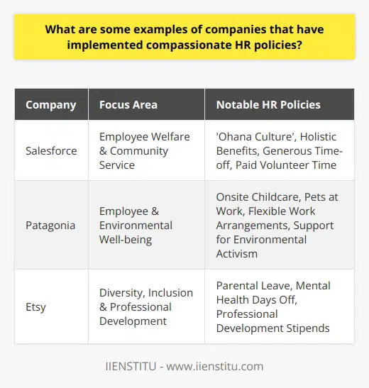Organizational compassion has become a touchstone for companies looking to foster positive, supportive, and engaging work environments. Compassionate HR policies play a pivotal role in nurturing employee well-being, thereby aiding in employee retention and productivity. Here are several compelling examples of companies that have embraced the ethos of compassion within their human resources practices:Salesforce, a global leader in Customer Relationship Management (CRM) software, is prominently recognized for its compassionate approach to employee welfare. Salesforce's 'Ohana Culture' is deeply rooted in a supportive and familial atmosphere where employees are encouraged to care for one another. The company offers benefits that take into account the whole health of employees, including mental, physical, and financial wellness. Salesforce is also known for providing generous time-off policies and for encouraging employees to engage in volunteer work with paid time off to serve their communities.Patagonia, an outdoor apparel company that is as passionate about the environment as it is about its employees, integrates compassion into their corporate fabric. The company's work culture is centered around the well-being of their staff and the planet. Patagonia goes beyond basic benefits by offering onsite childcare and even allowing employees to bring their children and pets to work, promoting a family-friendly environment. The company's dedication to work-life balance is also seen in its flexible work arrangements and emphasis on providing opportunities for employees to pursue environmental activism.Etsy, an e-commerce platform focused on handmade or vintage items and craft supplies, clearly communicates its alignment with compassionate HR practices. With a strong focus on diversity and inclusion, Etsy provides various employee benefits aimed at promoting health, work-life balance, and professional development. These include parental leave policies, wellness programs that integrate mental health days off, and stipends for professional development. Etsy’s efforts in building a positive work environment reflect a commitment to maintaining a holistic approach to employee satisfaction.These companies serve as trailblazers in revolutionizing HR practices by going beyond the conventional framework and fostering environments where empathy, care, and holistic support are the norms, not the exceptions. Their experiences highlight that compassionate HR policies are not just beneficial for employee morale but are instrumental in furthering business success. Each of these companies demonstrates a dedication to not only talking about compassion but integrating it into their corporate structures and values, leading the way for others to follow in creating more humane and productive workplaces.