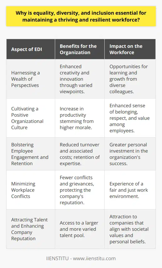Equality, diversity, and inclusion (EDI) are foundational elements in constructing a workforce that is not only high-performing but also robust in the face of changing markets and global challenges. EDI initiatives are not about ticking boxes or fulfilling quotas; they are integral to unlocking the full potential of an organization’s human capital and ensuring its sustainability and growth. Here’s why EDI measures are indispensable.Harnessing a Wealth of PerspectivesA diverse workforce that includes a range of socio-cultural backgrounds, ages, genders, sexual orientations, and abilities enriches an organization with a variety of viewpoints. When a team can approach problems from different angles, it stands a better chance of finding innovative solutions that might be overlooked in a more homogenous group. Diversity is not just about representation; it's about integrating a multiplicity of perspectives to enhance creativity and drive innovation.Cultivating a Positive Organizational CultureEmployees who work in an inclusive environment where they feel respected and valued are naturally more engaged and motivated. A culture that actively promotes EDI fosters belonging, respect, and value for each member. By ensuring that policies and practices around equality are in place, organizations affirm their commitment to a fair and just work environment. This boosts morale and, in turn, productivity—key components of a thriving workplace.Bolstering Employee Engagement and RetentionOrganizations that are genuinely committed to EDI principles tend to score high on employee satisfaction and engagement. The sense of being part of a company that respects and actively promotes these values can lead to a greater sense of personal investment in the organization’s success. High levels of engagement reduce employee turnover rates, which equates to cost savings related to recruitment and training, as well as the preservation of internal knowledge and expertise.Minimizing Workplace ConflictsA focus on EDI can prevent many issues related to workplace discrimination and unfair treatment. By educating all members of an organization on EDI principles and cultivating a work environment where discriminatory behaviors are not tolerated, organizations can significantly reduce incidents of conflict and grievances. This not only maintains the internal harmony but also safeguards the organization’s reputation.Attracting Talent and Enhancing Company ReputationAn organization known for its commitment to equality, diversity, and inclusion is appealing as an employer. In a competitive job market, top candidates often seek out companies with strong EDI values, as these often align with broader societal values and personal beliefs. Consequently, companies with a pronounced EDI focus benefit from a larger, more varied pool of applicants, providing access to an expansive range of talent.In a world where social and organizational challenges constantly evolve, an EDI-driven approach is essential. EDI isn’t a luxury—it’s a necessity for any business aiming for excellence and endurance. By valuing every individual and fostering an inclusive culture, organizations not only enhance their day-to-day operations but also create a work environment that is prepared for the future, characterized by adaptability, resilience, and collective strength.