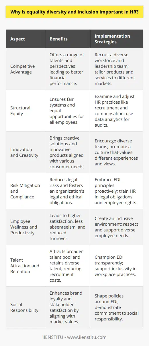 Equality, diversity, and inclusion (EDI) are integral components of modern Human Resources (HR) strategies and embody more than just legal compliance; they represent the heart of a progressive corporate culture that aligns with both ethical values and business imperatives.**Creates a Competitive Advantage**A diverse workforce offers a competitive edge by broadening the range of talents, perspectives, and insights available to the organization. In a globalized economy, having employees who can relate to different customer bases and bring different viewpoints to the table helps in tailoring products and services to a variety of markets. Equally, a diverse leadership team has been positively correlated with better financial performance, suggesting the importance of diversity in decision-making roles.**Encourages Structural Equity**The focus on equality ensures that the organization's systems are fair and designed to provide equal opportunity for all. This involves proactively examining and adjusting recruitment, promotion, and compensation practices to ensure there are no systemic biases against any group. HR can utilize data analytics to audit these processes, ensuring that equity is not just an ideal but a practical reality within the company's operations.**Fosters Innovation and Creativity**Diversity of thought is a crucible for innovation. By bringing together individuals with different lived experiences, cultural backgrounds, and cognitive styles, HR can help create teams that defy echo chambers and groupthink. This cross-pollination of ideas often leads to more creative solutions to business challenges, as well as the development of products and services that are innovative and relevant to a wider audience.**Mitigates Risks and Enhances Compliance**A strong focus on EDI assists in mitigating legal risks related to workplace discrimination and the violation of employee rights. Organizations that proactively embrace EDI principles are better positioned to fulfill their legal and ethical obligations. Thanks to HR's leadership in these areas, the risks of costly legal battles or sanctions due to non-compliance are significantly reduced.**Improves Employee Wellness and Productivity**An inclusive environment positively affects employee well-being by fostering a sense of belonging and validation. When employees feel included and respected, they are more likely to be engaged and motivated. This has tangible benefits, as higher employee satisfaction and mental wellness are directly linked to increases in productivity and a decrease in absenteeism and turnover.**Attracts and Retains Diverse Talent**In an era of talent wars, organizations cannot afford to appear exclusionary. Those that champion EDI in genuine and transparent ways stand to attract a broader talent pool. Additionally, by supporting diverse needs and championing inclusivity in the workplace, HR can help ensure the organization retains this talent, reducing the cost and upheaval of recruitment cycles.**Reflects Social Responsibility Commitments**Modern consumers and other stakeholders increasingly expect organizations to display social responsibility. Companies that can demonstrate their commitment to EDI will find they resonate better with market values. By shaping policies and practices around EDI, HR can help align the company with these broader social expectations, which can enhance brand loyalty and overall stakeholder satisfaction.In essence, equality, diversity, and inclusion are not mere buzzwords for today's HR professionals; they are fundamental components of corporate excellence and sustainability. Organizations that vigorously pursue these values through their HR practices are setting themselves up not only for ethical operation but for strong financial health and robust stakeholder relations.