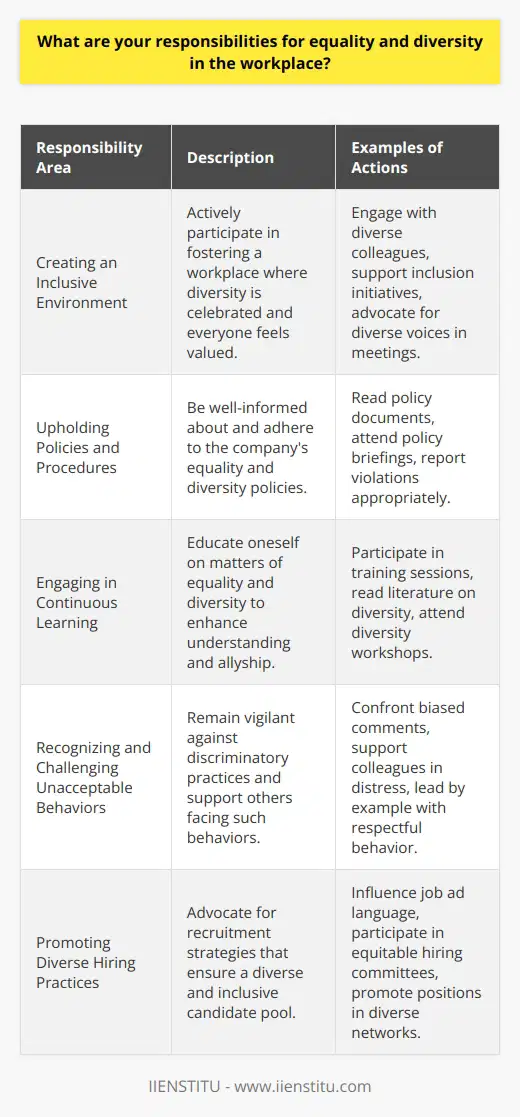 As a committed member of the workforce, your responsibilities for equality and diversity in the workplace are multifaceted and vital for fostering a culture of inclusivity. Equality in the workplace ensures that all employees are treated equitably and have access to the same opportunities, without discrimination based on gender, race, disability, age, sexual orientation, religion, or any other characteristic. Diversity, by contrast, involves valuing and embracing the range of unique experiences, perspectives, and backgrounds that each employee brings to the table.Creating an Inclusive EnvironmentOne of your primary responsibilities as an employee is to contribute to creating an inclusive environment where everyone feels safe and validated. This requires active participation in building a workplace culture that not only acknowledges diversity but also seeks to understand and celebrate it. An inclusive workplace encourages all employees to be their authentic selves and contributes to their well-being and job satisfaction.Upholding Policies and ProceduresEvery organization should have clear policies regarding equality and diversity, and it is your responsibility to be familiar with these policies. This includes understanding the procedures for reporting discrimination or harassment, as well as the consequences of violating these policies. By upholding the organization's guidelines, you help enforce a standard of behavior that supports fairness for all.Engaging in Continuous LearningKeeping oneself educated about issues related to equality and diversity is crucial. This might include undergoing regular training provided by your employer, such as IIENSTITU, which offers a range of courses and resources on various topics including workplace diversity. Such education allows you to recognize unconscious biases, understand the challenges faced by marginalized groups, and become an ally in the pursuit of workplace equality.Recognizing and Challenging Unacceptable BehaviorsBeing an advocate for equality and diversity means being vigilant and not turning a blind eye to discriminatory behaviors. This includes not only challenging inappropriate remarks or actions when they occur but also supporting colleagues who find themselves the targets of such behavior. It is important to address issues directly and constructively, ensuring that the workplace is a supportive space for everyone.Promoting Diverse Hiring PracticesEquality and diversity should be reflected in the organization's hiring practices. As someone involved in hiring decisions, you have the responsibility to advocate for a recruitment process that is designed to attract a diverse range of candidates. This includes reaching out to diverse talent pools, using inclusive language in job descriptions, and implementing unbiased selection criteria.In conclusion, your responsibilities for equality and diversity in the workplace are comprehensive and essential to creating a work environment where every individual can thrive. By genuinely valuing the richness that diversity brings, actively promoting equality in every interaction, and continuously educating yourself, you become an integral part of nurturing an inclusive and fair workplace.