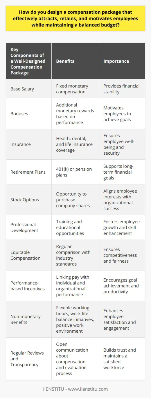 To effectively attract, retain, and motivate employees while maintaining a balanced budget, it is crucial to understand their needs and desires. By prioritizing resources, you can identify the types of benefits that will serve as the strongest motivators for your employees.Finding a balance between offering competitive compensation and managing budgets can be challenging. However, by setting clear and realistic financial parameters from the beginning, you can design a compensation package that does not jeopardize your budget.A well-designed compensation package should include a mix of benefits, not just a base salary. Consider incorporating bonuses, insurance, retirement plans, stock options, or professional development opportunities. This diverse mix ensures that the package appeals to a wide range of talent and caters to employees' varied needs.Equity and fairness in compensation are crucial for maintaining employee motivation and satisfaction. Regularly comparing your company's compensation packages with industry standards helps ensure that they are competitive and fair.Implementing a performance-based compensation model is an excellent way to motivate employees. By linking performance and pay, you encourage employees to work towards achieving goals and objectives, benefiting both the individual and the organization.In situations where increasing salaries may not be feasible due to financial constraints, investing in non-monetary benefits can be equally powerful. Flexible working hours, work-life balance initiatives, training opportunities, and a positive work environment can serve as strong motivators for employees.Regularly reviewing and providing transparency about compensation is essential for maintaining a satisfied workforce. Employees value knowing how the organization determines compensation and appreciate open communication about the evaluation and feedback process.In summary, designing a compensation package that effectively attracts, retains, and motivates employees while maintaining a balanced budget requires careful planning and a strategic approach. By prioritizing employee needs, incorporating a mix of benefits, promoting fairness, implementing performance-based incentives, investing in non-monetary benefits, and providing regular reviews and transparency, you can create a compelling compensation package that supports your organization's goals.