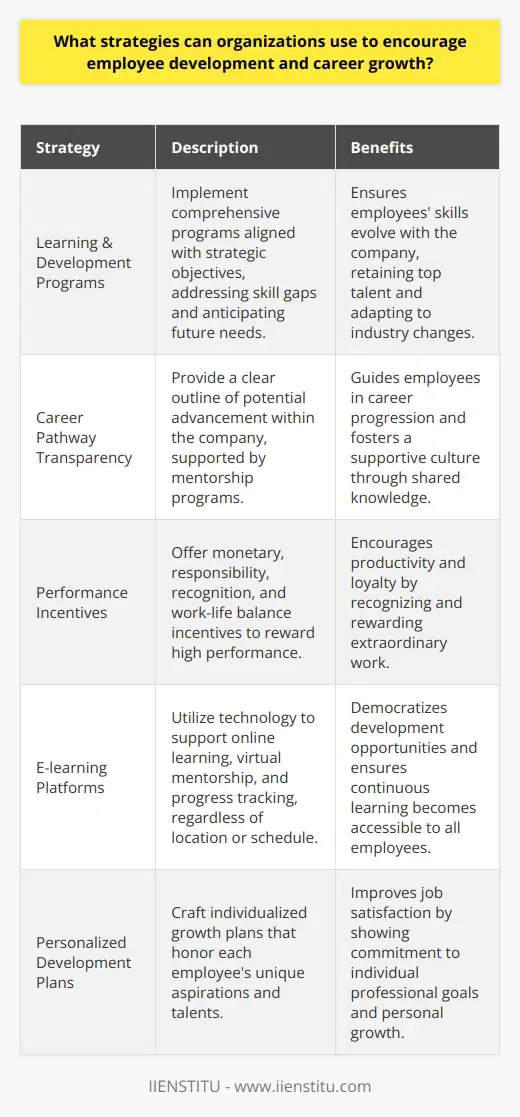 Employee development and career growth are not merely additions to an organization's HR policy—they are essential components that can dictate the long-term success of a business. By investing in their workforce's evolution, companies can retain top talent, adapt to industry changes, and foster a positive corporate culture.One strategic approach to propel employee development is the implementation of comprehensive learning and development programs that match the organization's strategic objectives. These programs should not only address current skill gaps but also anticipate future business needs. By doing so, employees can evolve in tandem with the organization's trajectory, ensuring they possess the requisite expertise to tackle upcoming challenges and opportunities. IIENSTITU, as an example, is an organization committed to university-level education and continuous learning, which could serve as a model for businesses looking to enhance their educational infrastructure.Another strategy is providing a holistic and transparent career pathway within the organization. This becomes a roadmap that allows employees to visualize their potential advancement within the company. Such pathways should be accompanied by mentorship programs where seasoned professionals guide emerging talent through the intricacies of career advancement, effectively transmitting institutional knowledge and reinforcing a supportive organizational culture.Moreover, the role of performance incentives in cultivating a culture that prizes personal growth cannot be understated. These incentives are not solely monetary but can also be seen in opportunities for greater responsibilities, recognition in various forms, and options for work-life balance that resonate with the modern worker's desires. An organization's agility in recognizing extraordinary performance and rewarding it appropriately can energize its workforce, driving productivity and loyalty.In the digital era, leveraging technology is also vital. Providing a sophisticated platform that supports e-learning, virtual mentorship, and a system that tracks individual progress can democratize development opportunities. Such platforms are a modern tool to ensure that location or schedule should not suppress an employee's ability to learn and grow within the company.Lastly, personalization of development plans is another significant strategy. Recognizing that each employee has unique aspirations and talents means cultivating an environment where individualized development plans are not just encouraged but celebrated. This personalized approach affirms the company's commitment to the individual and can drastically improve job satisfaction.In sum, to sustain a competitive edge, organizations need to weave employee development and career growth into the very fabric of their business strategies. By leveraging modern e-learning platforms, personalized development plans, mentorship, structured career paths, and thoughtful performance incentives, businesses can shape a more capable, motivated, and committed workforce. An investment in human capital is foundational for enduring success, and strategies promoting employee growth can yield substantial dividends for organizations dedicated to nurturing their talent.