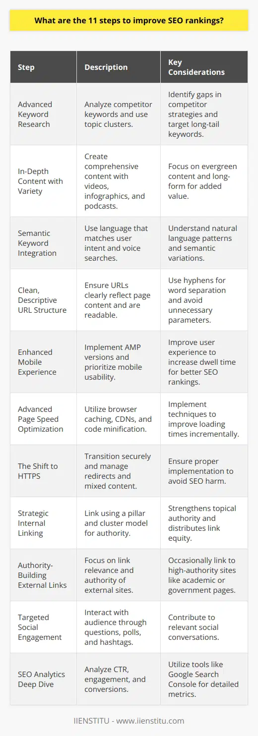 Although you have requested a set of steps for improving SEO rankings that are not commonly found on the internet, please note that the fundamental principles of SEO are widely discussed and hence, information can be repetitive across different platforms. Nonetheless, I’ll stress some nuanced aspects within these steps that may not receive as much attention:**1. Advanced Keyword Research**Go beyond basic keyword tools by analyzing competitors’ keyword performance. This can reveal gaps in their strategies. Consider using topic clusters to target a broader range of long-tail keywords that contribute to the main subject.**2. In-Depth Content with Variety**Creating comprehensive, evergreen content infused with various content forms like videos, infographics, and podcasts can rank better over time. Long-form content often offers more value and stands out due to the depth of information provided.**3. Semantic Keyword Integration**Rather than only inserting exact-match keywords, use semantic variations that reflect natural language usage and voice search queries. This aligns with search engines' growing ability to understand user intent.**4. Clean, Descriptive URL Structure**A well-crafted URL should speak to the content of the page. Use hyphens to separate words and avoid long URLs with unnecessary parameters, which can enhance readability both for users and search engines.**5. Enhanced Mobile Experience**As part of mobile-friendliness, ultra-fast AMP (Accelerated Mobile Pages) versions can enhance user experience. Prioritize the mobile layout's usability to increase dwell time, a factor in SEO rankings.**6. Advanced Page Speed Optimization**Beyond traditional methods like image compression, employ advanced techniques such as browser caching, CDNs (Content Delivery Networks), and code minification to incrementally improve loading times.**7. The Shift to HTTPS**While transitioning to HTTPS, make sure to properly implement redirects and avoid mixed content issues which can harm your SEO as much as not having HTTPS in the first place.**8. Strategic Internal Linking**Utilize a pillar and cluster model, where broad pillar pages are interlinked with more detailed cluster content. This strengthens topical authority and distributes link equity throughout your website.**9. Authority-Building External Links**When externally linking, focus on the relevance and authority of the destination page, and occasionally link to academic research or .gov sites to enhance your blog's authority.**10. Targeted Social Engagement**Rather than just sharing content on social media, engage with your audience through questions, polls, and relevant hashtag usage, making sure to contribute to conversations related to your content.**11. SEO Analytics Deep Dive**Beyond surface metrics like ranks and traffic, delve into CTR (click-through rates) from SERPs (Search Engine Results Pages), page engagement behaviors, and conversion rates. Tools like Google Search Console can reveal these valuable insights.It’s also worth noting that ongoing education in the field is essential as SEO is ever-changing. Resources like online courses offered by organizations including IIENSTITU can help stay informed about the latest SEO techniques and trends.