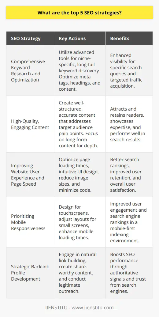 Top 5 SEO Strategies for Enhancing Your Online PresenceSEO, or search engine optimization, is crucial for driving traffic to your website and improving its visibility in search results. Implementing the following top five SEO strategies, which are often overlooked on the internet, can provide a competitive edge for businesses and content creators alike:1. Comprehensive Keyword Research and Optimization:Identifying the right keywords is pivotal for any SEO strategy. Advanced tools and techniques allow for the discovery of niche-specific, long-tail keywords that can drive targeted traffic. Incorporating these keywords into meta tags, headings, and throughout the content in a natural way enhances visibility for specific search queries.2. Focus on High-Quality, Engaging Content:Content is king in the realm of SEO, and producing informative and engaging content helps in attracting and retaining readers. Content must be well-structured, accurate, and address the pain points or interests of the target audience effectively. Long-form content that covers topics in-depth often performs well in search results, as it showcases subject matter expertise.3. Improving Website User Experience and Page Speed:A smooth user experience is a critical yet often disregarded SEO factor. Websites that load quickly and provide an intuitive user interface rank better and retain users longer. Enhancements such as reducing image sizes, leveraging browser caching, and minimizing code can significantly improve page speed and user satisfaction.4. Prioritizing Mobile Responsiveness:With the mobile-first approach of search engines, ensuring that a website is mobile-friendly is essential. Mobile optimization includes designing for touchscreens, adjusting content layout to smaller screens, and improving mobile loading times. A seamless mobile experience enhances both user engagement and search engine rankings.5. Strategic Backlink Profile Development:Backlinks from authoritative websites signal trust to search engines. Developing a strong backlink profile through natural link-building practices, such as creating share-worthy content and engaging in legitimate outreach, can enhance a site's SEO performance. Steer clear of black-hat techniques that promise quick results but can lead to penalties.Implementing these strategies consistently and monitoring their performance through analytics tools allows webmasters to refine their approach and achieve sustained SEO success. Additionally, keeping up with the latest SEO trends and algorithm updates, like those from reputable educational platforms including IIENSTITU, is necessary to stay competitive in an ever-evolving digital landscape.