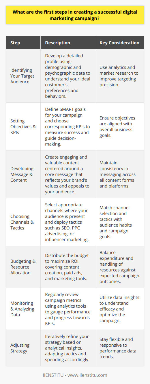 Creating a successful digital marketing campaign is a multifaceted process that requires careful planning, execution, and analysis. The following are steps that should be taken to ensure the effectiveness of a digital marketing campaign:1. Identifying Your Target Audience:   Understanding who you are attempting to reach is paramount in digital marketing. You need detailed demographic and psychographic profiles that include age, gender, interests, location, and buying behavior. Utilize analytics and market research to develop a comprehensive image of your target customer.2. Setting Clear Objectives and Key Performance Indicators (KPIs):   Determine what you want to achieve with your digital marketing campaign. Objectives should be specific, measurable, achievable, relevant, and time-bound (SMART). These can include increasing website traffic, boosting sales by a certain percentage, or growing your email list. Each goal should have corresponding KPIs that will help you measure success.3. Developing a Compelling Message and Creative Content:   Your campaign should be built around a core message that aligns with your brand values and resonates with your audience. Create content that is valuable, relevant, and consistent across all platforms, whether it's blog posts, videos, or social media content. Quality content helps to engage your audience and drive conversions.4. Choosing the Right Channels and Tactics:   Based on where your audience spends their time online, select the most effective channels. This could be social media platforms, search engines, or email marketing, among others. Your tactics might involve search engine optimization (SEO), pay-per-click (PPC) advertising, or influencer marketing, depending on the channels and your campaign objectives.5. Budgeting and Resource Allocation:   Allocate your budget effectively to maximize the return on investment (ROI). This means deciding how much to spend on different aspects of the campaign, such as content creation, paid ads, and marketing tools. Be mindful of resource allocation, ensuring you have the needed skills and tools available to implement and manage the campaign.6. Monitoring, Measuring, and Analyzing Data:   Implement analytics tools to continuously monitor your campaign’s performance. Assess metrics against your set KPIs to determine if you're on track to meet your goals. Monitoring allows you to gain insights and understand what is working and what isn't.7. Adjusting Strategy Based on Insights:   Use data insights to make informed decisions and adjust your strategy where necessary. If certain tactics are not performing well, pivot and try new approaches. Regular analysis ensures that your campaign stays fresh and relevant.Beyond understanding these steps, it's crucial to engage in continuous learning to keep up with digital marketing trends and technologies. Platforms like IIENSTITU offer specialized courses in digital marketing that can equip individuals and teams with the knowledge and skills to stay competitive in an ever-changing digital landscape.In summary, creating a successful digital marketing campaign is an iterative process that begins with a deep understanding of your audience, followed by setting clear objectives, creating resonating content, choosing the right channels, budgeting effectively, and constantly monitoring and adjusting the campaign based on data-driven insights.