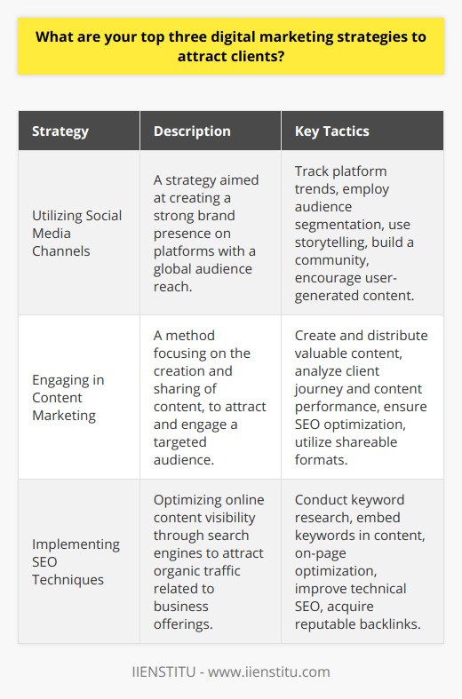 In the fast-evolving digital world, attracting clients requires a multi-faceted approach tailored to the nuances of online interaction and consumer behavior. The following are three strategic pillars of digital marketing that can be highly effective in drawing clients.**Utilizing Social Media Channels**Harnessing social media is an indispensable element of modern digital marketing. A well-curated social media presence can function as a gateway to a global audience, something that was inconceivable just a couple of decades ago. To fully capitalize on social media, marketers ought to track the latest platform updates, trends, and user preferences. They should also employ audience segmentation tools to deliver targeted messaging that resonates with different demographic groups.An effective strategy on social media must transcend beyond mere presence and advertisement; it should embrace storytelling that aligns with the audience's values and interests, build a community around the brand, and encourage user-generated content. Platforms like Instagram, Twitter, Facebook, and LinkedIn can be optimized for varying purposes, from brand awareness and lead generation to customer service and community building.**Engaging in Content Marketing**Content marketing, when executed with precision, can serve as a powerful magnet for client attraction. This approach revolves around crafting and distributing valuable, relevant, and consistent content to attract and retain a clearly-defined audience. Rather than a hard sell, content marketing pulls prospective clients through engaging, educational, or entertaining material that ultimately drives profitable customer action.The types of content can vary broadly — from long-form articles, blogs, and white papers to bite-sized graphics and informative videos. The key lies in understanding the client's journey and providing them with the content they need at each step. Content planning should involve a deep dive into analytics to see what works and what doesn't, always aiming to deliver materials that are SEO-friendly and shareable across social channels.**Implementing SEO Techniques**SEO remains one of the cornerstone strategies for attracting clients online. It’s about making your website more visible on search engines when people look for products or services related to your business. The process begins with thorough keyword research to understand what potential clients are searching for. Those keywords must then be incorporated strategically into website content, metadata, and alt tags.Beyond on-page optimizations, technical SEO is crucial for improving website architecture, speeding up load times, and ensuring mobile responsiveness. Another key tactic is building a robust profile of backlinks from reputable sites, signaling to search engines that your content is trusted and endorsed by others. As Google and other search engines continue to evolve, keeping up-to-date with their algorithms and best practices is necessary for sustaining visibility and drawing traffic.Mastering these marketing strategies requires both creativity and analytics, understanding the human psychology behind user behavior, and a technical prowess to optimize digital spaces. With continued learning and adaptation, these techniques will position a brand to attract a steady stream of potential clients seeking the services or products it provides.