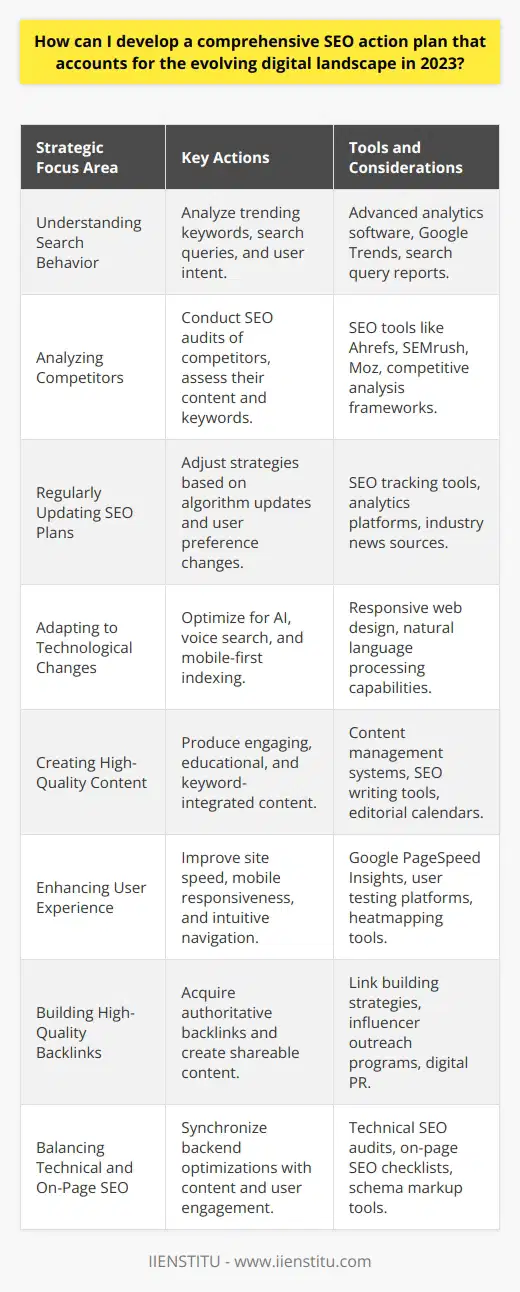 Developing a comprehensive SEO action plan in 2023 requires a multi-faceted approach, integrating the latest digital trends and behavioral insights. Here’s a strategic guide to enhancing your SEO efforts in today’s dynamic digital environment.Understanding Search Behavior:Begin by scrutinizing how your target audience searches for information online. Employ advanced analytics to determine trending keywords, examine popular search queries, and most importantly, deduce the underlying user intent. This knowledge allows for a more targeted content strategy that aligns with user needs.Analyzing Competitors:A thorough competitor analysis can uncover strategic insights. Tools and platforms are available to dissect your competitor’s SEO tactics, keyword focus, and content structure. Learn from their successful approaches and identify potential gaps to gain a competitive edge.Regularly Updating SEO Plans:The only constant in SEO is change. Search engine algorithms evolve, and so do user preferences. Continuously track these shifts with reliable SEO monitoring tools and be prepared to tweak and refine your SEO strategy accordingly to maintain its effectiveness.Adapting to Technological Changes:Emerging technologies such as AI, voice search, and mobile-first practices are reshaping the SEO landscape. Embrace these changes by optimizing content for conversational queries and ensuring your website is responsive and mobile-friendly.Creating High-Quality Content:Despite changes in algorithms, the importance of stellar content remains. Strive for material that not only captivates but also educates and resonates with your audience. Employ keywords strategically, making sure they blend seamlessly into your high-caliber content.Enhancing User Experience:Search engines reward websites that deliver a positive user experience. Prioritize factors like site speed optimization, mobile responsiveness, and intuitive navigation to not just appeal to algorithms but to genuinely satisfy site visitors.Building High-Quality Backlinks:The quality of your backlink profile is a testament to your site's authority. Forge high-caliber backlinks from esteemed sources. This typically involves networking with industry influencers and creating content that is inherently shareable.Balancing Technical and On-Page SEO:Both the skeleton (technical SEO) and the flesh (on-page SEO) of your website must be in sync for optimal performance. Technical SEO focuses on backend optimizations, while on-page SEO hones in on content and user engagement. Strike the right balance for a robust SEO framework.In implementing this comprehensive SEO action plan for 2023, you are poised to stand out in the SERPs, drive more organic traffic, and ultimately, convert those visitors into loyal customers. Remember, SEO is not a set-and-forget task—it requires constant vigilance and adaptation to the latest industry trends and innovations.