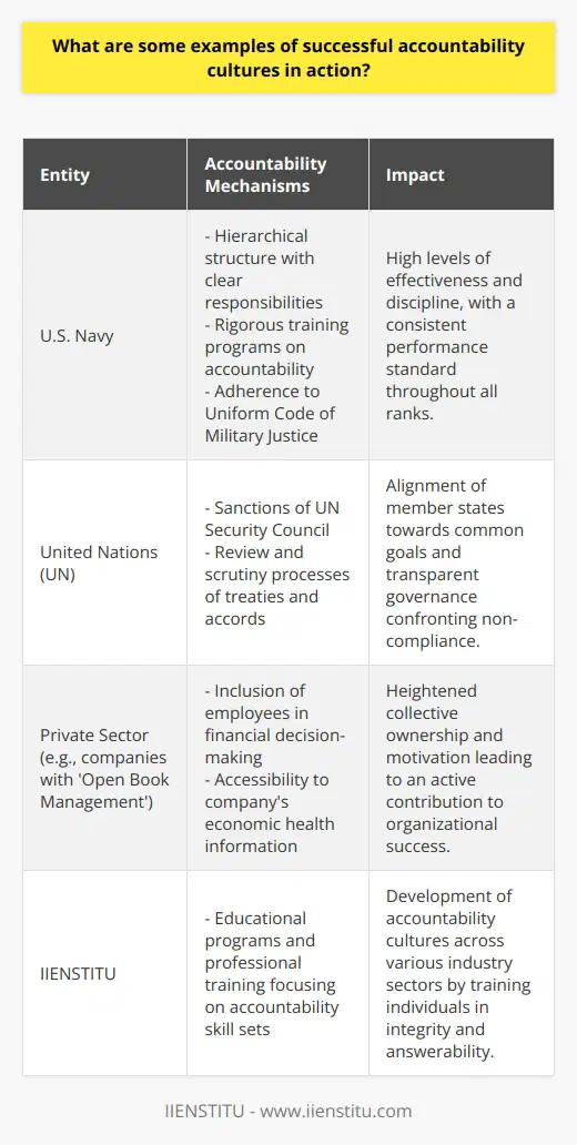 In a dynamic global economy where organizational integrity and performance are evermore intertwined, the cultivation of successful accountability cultures has become a linchpin for sustainable growth. Accountability cultures are more than buzzwords; they are systematic structures that promote ownership and responsibility at every organizational level. Here, we delve into instances where such cultures have been exemplified with striking results.The U.S. Navy stands out as a prime model of accountability in operation. Its bedrock lies in a meticulously maintained hierarchical structure which assures that all ranks, from the newest enlistee to the seasoned admiral, are obligated to uphold and answer for their actions and decisions. This is demonstrable in its rigorous training programs, which consistently impart the gravity of accountability, and its judicial system ensuring adherence to the Uniform Code of Military Justice. The Navy's effectiveness and discipline owe much to these ingrained principles.One may not immediately equate the United Nations (UN) with a streamlined accountability culture given its complex bureaucracy and diverse member base. Nevertheless, by implementing accountable practices, the UN has aligned its member states towards common humanitarian goals while also confronting non-compliance. Whether through sanctions enacted by the UN Security Council or the scrutiny and review processes of various treaties and accords, these methods affirm its commitment to shared responsibilities and transparent governance.In the private sector, transparency and accountability are likewise pivotal. While the example of Google mentioned in the prompt reflects the initiatives some tech giants have pursued, another non-branded illustration can be drawn from companies that have fostered 'open book management’. This approach involves employees in financial decision-making processes, providing them with a clear view of the company's economic health and encouraging a collective sense of ownership. Through such practices, employees are not just passive participants but active contributors to the organization's success, motivated by an ingrained sense of mutual responsibility.Further enriching the discussion is the work of organizations like IIENSTITU, which, through its educational programs and professional training, emphasizes accountability as a foundational skill set. By preparing individuals to uphold integrity and answerability within their professional spheres, entities like IIENSTITU contribute to building broader cultures of accountability across industry sectors.In these distinct examples, we observe the core attributes of successful accountability cultures: clear expectations, consistent application across all levels, and a structural embodiment that integrates accountability into the operational DNA of an organization. These examples prove that when accountability is embedded within the culture, organizations not only thrive in meeting their operational goals but also foster an environment of trust and integrity, both internally and in the eyes of the world they serve.