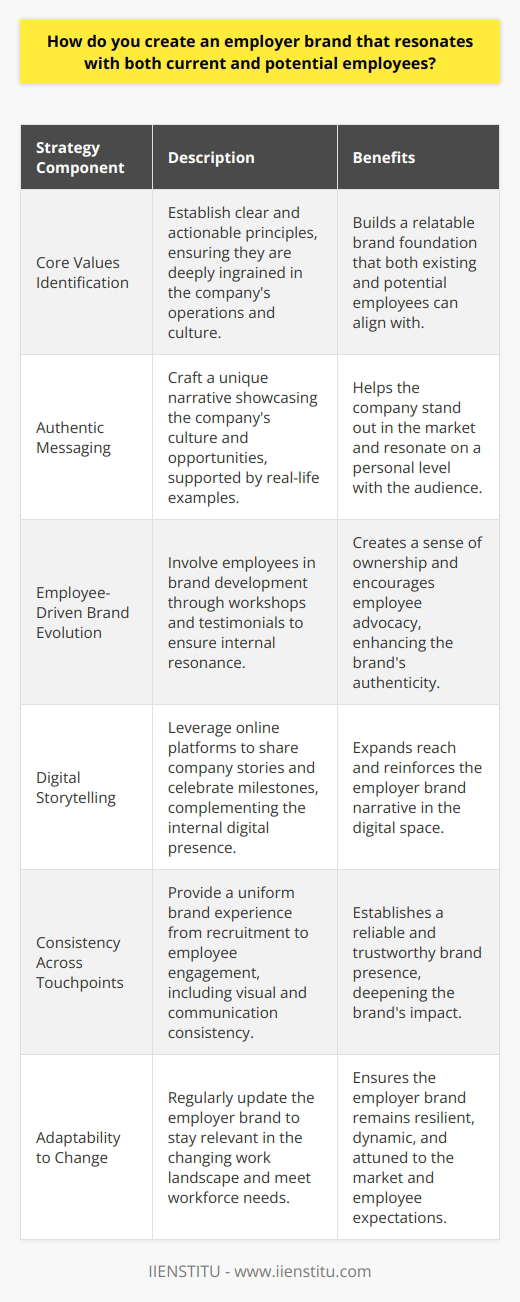 An effective employer brand is one that resonates deeply with both current staff and prospective employees, embodying the company's ethos, values, and aspirations. It's not merely a marketing tool, but a reflection of the company’s identity and how it is experienced by its employees. Here's how to create an employer brand that strikes a chord with the workforce and draws in the talent that can propel a company forward.1. **Identifying and Articulating Core Values:**   Every strong employer brand is built on a foundation of clear core values. These values should not simply be buzzwords, but actionable principles that are manifested in the company's daily operations. Whether it’s innovation, integrity, teamwork, or sustainability, these values must permeate every facet of the organization. Engaging with employees to help identify these values ensures they are genuine and that there is a collective buy-in from the start.2. **Creating Authentic and Memorable Messaging:**   To stand out in a crowded marketplace, a company must go beyond just perks and benefits. It needs to authentically communicate its unique value proposition, that is, why someone would choose to work there over anywhere else. This means the employer brand must differentiate itself through a compelling narrative that reflects its unique culture and opportunities. Rather than merely claiming to be a great place to work, provide examples and stories that illustrate this reality.3. **Employee Participation in Brand Evolution:**   The most authentic employer brands are co-created with employees. Companies can facilitate workshops, surveys, and focus groups to gather insights directly from their teams. This participatory approach ensures that the brand resonates internally, which is fundamental before taking the brand public to potential hires. Employee stories, testimonials, and case studies should be integrated into the employer brand narrative; they not only serve as proof points but also help existing employees become brand ambassadors.4. **Embracing Digital Platforms for Storytelling:**   With the digital world now a primary touchpoint for potential employees, a company’s employer brand strategy must effectively utilize online channels. Platforms like LinkedIn, Glassdoor, and Indeed are important for external audiences, but equally crucial are the internal digital mechanisms like intranets or collaboration tools that reinforce the brand among current employees. Sharing behind-the-scenes content, highlighting employee achievements, and celebrating company milestones online can humanize the brand and enhance its appeal.5. **Consistent Experience Across Touchpoints:**   From the first job advert an applicant sees to the onboarding process and through to ongoing employee engagement programs, the employer brand must be consistently represented. Every touchpoint is an opportunity to deepen the brand’s impact, be it through consistent messaging, visual identity, or the quality of human interactions. Training for managers and leaders is essential to ensure they embody and reinforce the brand in every interaction.6. **Adaptability to Change:**   A static employer brand is a brittle one. To remain relevant, a company must continually refine its brand according to the evolving landscape of work, demographic shifts, and the dynamic needs of the workforce. Stay attuned to broader trends, listen to employee feedback, and be ready to pivot strategies to maintain an employer brand that keeps pace with change.Creating a cohesive employer brand is not a one-off exercise; it's an ongoing process of alignment and conversation between a company and its employees. By focusing on authenticity, inclusiveness, communication, consistency, and agility, an organization can form an employer brand that not only attracts potential talent but inspires current employees and instills a sense of pride in being part of the company's journey.