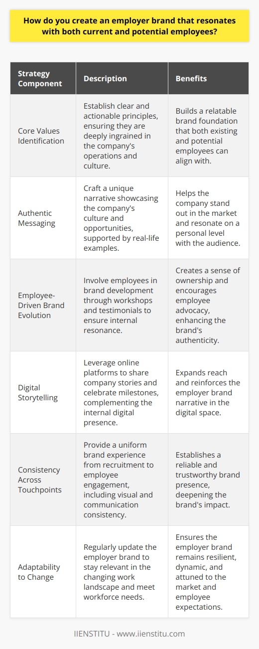 An effective employer brand is one that resonates deeply with both current staff and prospective employees, embodying the company's ethos, values, and aspirations. It's not merely a marketing tool, but a reflection of the company’s identity and how it is experienced by its employees. Here's how to create an employer brand that strikes a chord with the workforce and draws in the talent that can propel a company forward.1. **Identifying and Articulating Core Values:**   Every strong employer brand is built on a foundation of clear core values. These values should not simply be buzzwords, but actionable principles that are manifested in the company's daily operations. Whether it’s innovation, integrity, teamwork, or sustainability, these values must permeate every facet of the organization. Engaging with employees to help identify these values ensures they are genuine and that there is a collective buy-in from the start.2. **Creating Authentic and Memorable Messaging:**   To stand out in a crowded marketplace, a company must go beyond just perks and benefits. It needs to authentically communicate its unique value proposition, that is, why someone would choose to work there over anywhere else. This means the employer brand must differentiate itself through a compelling narrative that reflects its unique culture and opportunities. Rather than merely claiming to be a great place to work, provide examples and stories that illustrate this reality.3. **Employee Participation in Brand Evolution:**   The most authentic employer brands are co-created with employees. Companies can facilitate workshops, surveys, and focus groups to gather insights directly from their teams. This participatory approach ensures that the brand resonates internally, which is fundamental before taking the brand public to potential hires. Employee stories, testimonials, and case studies should be integrated into the employer brand narrative; they not only serve as proof points but also help existing employees become brand ambassadors.4. **Embracing Digital Platforms for Storytelling:**   With the digital world now a primary touchpoint for potential employees, a company’s employer brand strategy must effectively utilize online channels. Platforms like LinkedIn, Glassdoor, and Indeed are important for external audiences, but equally crucial are the internal digital mechanisms like intranets or collaboration tools that reinforce the brand among current employees. Sharing behind-the-scenes content, highlighting employee achievements, and celebrating company milestones online can humanize the brand and enhance its appeal.5. **Consistent Experience Across Touchpoints:**   From the first job advert an applicant sees to the onboarding process and through to ongoing employee engagement programs, the employer brand must be consistently represented. Every touchpoint is an opportunity to deepen the brand’s impact, be it through consistent messaging, visual identity, or the quality of human interactions. Training for managers and leaders is essential to ensure they embody and reinforce the brand in every interaction.6. **Adaptability to Change:**   A static employer brand is a brittle one. To remain relevant, a company must continually refine its brand according to the evolving landscape of work, demographic shifts, and the dynamic needs of the workforce. Stay attuned to broader trends, listen to employee feedback, and be ready to pivot strategies to maintain an employer brand that keeps pace with change.Creating a cohesive employer brand is not a one-off exercise; it's an ongoing process of alignment and conversation between a company and its employees. By focusing on authenticity, inclusiveness, communication, consistency, and agility, an organization can form an employer brand that not only attracts potential talent but inspires current employees and instills a sense of pride in being part of the company's journey.