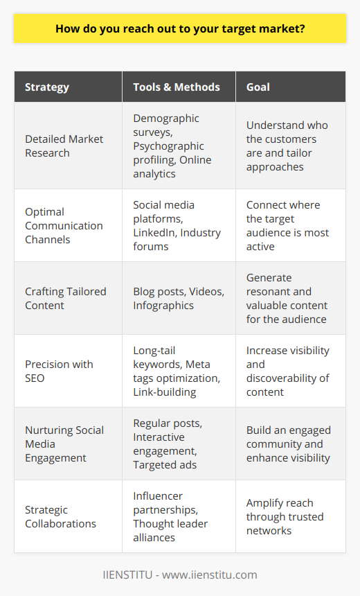 Reaching out to your target market effectively is akin to solving a complex puzzle – every piece must fit together to form a clear picture of your audience. Here are several key strategies to ensure that your business or blog connects accurately with your intended demographic:1. Detailed Market ResearchThe first step in reaching your target market is understanding who they are. The implementation of deep market research, utilizing tools like demographic surveys, psychographic profiling, and even online analytics, can reveal much-needed details about your potential customers. Learning about their hobbies, shopping preferences, media consumption habits, and other lifestyle choices helps you tailor your approach accordingly.2. Optimal Communication ChannelsIdentifying and leveraging the right communication channels is crucial in effectively reaching your target market. For example, younger demographics may spend most of their time on newer social media platforms, while professional audiences can be targeted through LinkedIn or industry-specific forums. Analyze where your target audience is most active and use those insights to choose the best channels for distributing your message.3. Crafting Tailored ContentContent is king when it comes to attracting and retaining the interest of your target market. Content needs to resonate with your audience on a personal level. This means generating not just any content, but the right kind of content that speaks to their needs, challenges, and aspirations. Use the nuances identified in your market research to create pieces—whether blog posts, videos, or infographics—that provide value and insight specific to your target demographics.4. Precision with SEOEnsuring your content is discoverable via search engines is non-negotiable. Effective search engine optimization (SEO) gives visibility to your blog posts, drawing in your target market without direct outreach. Crafting content around long-tail keywords often searched by your target market can prove beneficial, as can optimizing meta tags, descriptions, and engaging in white-hat link-building techniques. SEO is an ever-evolving field, so staying current with best practices is key.5. Nurturing Social Media EngagementSocial media isn't just about broadcasting—it's about building an engaged community around your brand. Establishing a presence on the platforms favored by your target market is the first step. Next comes regular posting, engaging with followers through comments and direct messages, and using targeted ads to enhance the visibility of your blog posts. 6. Strategic CollaborationsPartnering with influencers and thought leaders who already hold the trust of your target market can be an efficient way of amplifying your reach. These partnerships should be genuine and based on aligned interests, ensuring that when your content is shared by collaborators, it is met with interest and credibility.Remember that reaching out to your target market is not a static process; it requires ongoing efforts, monitoring, and adjustments to stay in tune with changing markets and consumer behaviors. By adopting a data-driven approach and fine-tuning these strategies over time, you can efficiently connect with the people most likely to engage with your brand or blog.