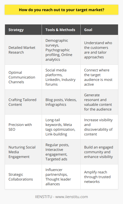 Reaching out to your target market effectively is akin to solving a complex puzzle – every piece must fit together to form a clear picture of your audience. Here are several key strategies to ensure that your business or blog connects accurately with your intended demographic:1. Detailed Market ResearchThe first step in reaching your target market is understanding who they are. The implementation of deep market research, utilizing tools like demographic surveys, psychographic profiling, and even online analytics, can reveal much-needed details about your potential customers. Learning about their hobbies, shopping preferences, media consumption habits, and other lifestyle choices helps you tailor your approach accordingly.2. Optimal Communication ChannelsIdentifying and leveraging the right communication channels is crucial in effectively reaching your target market. For example, younger demographics may spend most of their time on newer social media platforms, while professional audiences can be targeted through LinkedIn or industry-specific forums. Analyze where your target audience is most active and use those insights to choose the best channels for distributing your message.3. Crafting Tailored ContentContent is king when it comes to attracting and retaining the interest of your target market. Content needs to resonate with your audience on a personal level. This means generating not just any content, but the right kind of content that speaks to their needs, challenges, and aspirations. Use the nuances identified in your market research to create pieces—whether blog posts, videos, or infographics—that provide value and insight specific to your target demographics.4. Precision with SEOEnsuring your content is discoverable via search engines is non-negotiable. Effective search engine optimization (SEO) gives visibility to your blog posts, drawing in your target market without direct outreach. Crafting content around long-tail keywords often searched by your target market can prove beneficial, as can optimizing meta tags, descriptions, and engaging in white-hat link-building techniques. SEO is an ever-evolving field, so staying current with best practices is key.5. Nurturing Social Media EngagementSocial media isn't just about broadcasting—it's about building an engaged community around your brand. Establishing a presence on the platforms favored by your target market is the first step. Next comes regular posting, engaging with followers through comments and direct messages, and using targeted ads to enhance the visibility of your blog posts. 6. Strategic CollaborationsPartnering with influencers and thought leaders who already hold the trust of your target market can be an efficient way of amplifying your reach. These partnerships should be genuine and based on aligned interests, ensuring that when your content is shared by collaborators, it is met with interest and credibility.Remember that reaching out to your target market is not a static process; it requires ongoing efforts, monitoring, and adjustments to stay in tune with changing markets and consumer behaviors. By adopting a data-driven approach and fine-tuning these strategies over time, you can efficiently connect with the people most likely to engage with your brand or blog.