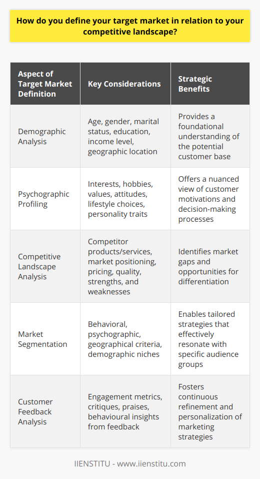 Defining your target market in relation to the competitive landscape involves a strategic approach to understanding who your customers are and how they fit into the broader market dynamics where various competitors are also vying for attention. A detailed understanding of these relationships ensures a more precise marketing strategy and a higher likelihood of success.Understanding Demographics and PsychographicsThe first step in defining your target market is to comprehend the demographic and psychographic profiles of your potential customers. Demographics give a snapshot of the population based on quantifiable characteristics such as age, gender, marital status, education, income level, and geographic location. This data offers a foundational perspective of who is likely to be interested in the product or service.Psychographics delves deeper, exploring the psychological attributes of consumers, including interests, hobbies, values, attitudes, lifestyles, and personality traits. Psychographics provides a richer, more nuanced understanding of what drives your potential customers' decision-making processes, which is essential in crafting messages that resonate on a more personal level. Evaluating the Competitive LandscapeIn parallel with demographic and psychographic profiling, it is necessary to thoroughly investigate the competitive environment. Analyzing direct and indirect competitors helps reveal gaps in the marketplace that a blog or business can leverage. It is important to discern:- What products or services competitors are offering- How they are positioning themselves in the market- Their pricing strategies- The quality of their products or content- Their strengths and opportunities for improvementRecognizing what competitors are doing well and where they are lacking helps in defining a unique value proposition that addresses unmet needs or delivers superior value.Segmenting the MarketEffective market segmentation is about breaking down the broader target audience into smaller, more defined groups that share common characteristics. Such groups react similarly to marketing stimuli, which makes it easier to adjust content and messages that appeal to their specific desires and needs. Segmentation criteria can include:- Behavioral patterns (e.g., purchasing habits, brand loyalties)- Psychographic clusters (e.g., lifestyle choices, value systems)- Geographical differences (regional preferences, urban vs. rural)- Demographic niches (focusing on a particular age group or gender)Each segment can be targeted with tailored strategies that speak directly to their preferences and needs, effectively making marketing efforts more personalized and impactful.Leveraging Customer FeedbackReal-time customer feedback is incredibly valuable for refining your target market definition. Engaging with customers, listening to their comments, critiques, and praises, and analyzing their behavior provides immediate insights. Platforms like IIENSTITU offer tools and courses that could help individuals learn to interpret this feedback correctly, enabling adjustments that tune your offerings more closely with customer desires, thus sustaining a competitive advantage.In summary, defining your target market in relation to the competitive landscape involves a blend of demographic and psychographic analysis, competitive intelligence, intelligent market segmentation, and active customer feedback engagement. Mastering these aspects not only clarifies who the customer is but also how to reach them in a manner that is differentiated from the competition, increasing the chances of building a loyal customer base.