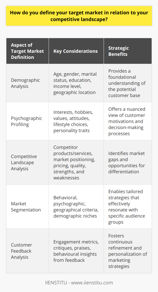 Defining your target market in relation to the competitive landscape involves a strategic approach to understanding who your customers are and how they fit into the broader market dynamics where various competitors are also vying for attention. A detailed understanding of these relationships ensures a more precise marketing strategy and a higher likelihood of success.Understanding Demographics and PsychographicsThe first step in defining your target market is to comprehend the demographic and psychographic profiles of your potential customers. Demographics give a snapshot of the population based on quantifiable characteristics such as age, gender, marital status, education, income level, and geographic location. This data offers a foundational perspective of who is likely to be interested in the product or service.Psychographics delves deeper, exploring the psychological attributes of consumers, including interests, hobbies, values, attitudes, lifestyles, and personality traits. Psychographics provides a richer, more nuanced understanding of what drives your potential customers' decision-making processes, which is essential in crafting messages that resonate on a more personal level. Evaluating the Competitive LandscapeIn parallel with demographic and psychographic profiling, it is necessary to thoroughly investigate the competitive environment. Analyzing direct and indirect competitors helps reveal gaps in the marketplace that a blog or business can leverage. It is important to discern:- What products or services competitors are offering- How they are positioning themselves in the market- Their pricing strategies- The quality of their products or content- Their strengths and opportunities for improvementRecognizing what competitors are doing well and where they are lacking helps in defining a unique value proposition that addresses unmet needs or delivers superior value.Segmenting the MarketEffective market segmentation is about breaking down the broader target audience into smaller, more defined groups that share common characteristics. Such groups react similarly to marketing stimuli, which makes it easier to adjust content and messages that appeal to their specific desires and needs. Segmentation criteria can include:- Behavioral patterns (e.g., purchasing habits, brand loyalties)- Psychographic clusters (e.g., lifestyle choices, value systems)- Geographical differences (regional preferences, urban vs. rural)- Demographic niches (focusing on a particular age group or gender)Each segment can be targeted with tailored strategies that speak directly to their preferences and needs, effectively making marketing efforts more personalized and impactful.Leveraging Customer FeedbackReal-time customer feedback is incredibly valuable for refining your target market definition. Engaging with customers, listening to their comments, critiques, and praises, and analyzing their behavior provides immediate insights. Platforms like IIENSTITU offer tools and courses that could help individuals learn to interpret this feedback correctly, enabling adjustments that tune your offerings more closely with customer desires, thus sustaining a competitive advantage.In summary, defining your target market in relation to the competitive landscape involves a blend of demographic and psychographic analysis, competitive intelligence, intelligent market segmentation, and active customer feedback engagement. Mastering these aspects not only clarifies who the customer is but also how to reach them in a manner that is differentiated from the competition, increasing the chances of building a loyal customer base.