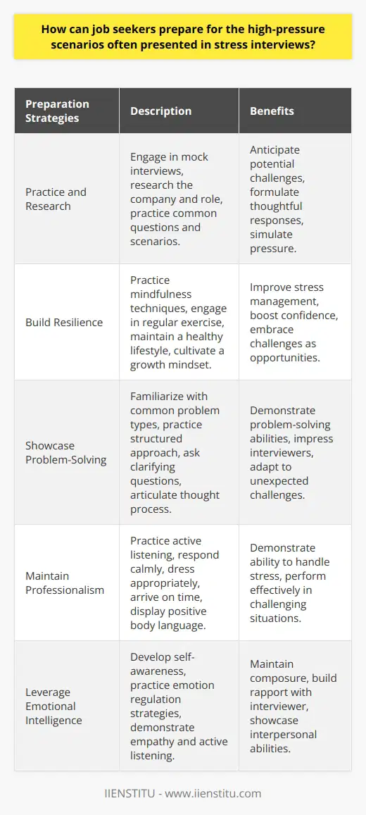Job seekers can prepare for high-pressure scenarios in stress interviews by practicing common questions and developing coping strategies. Researching the company and the role can help candidates anticipate potential challenges and formulate thoughtful responses. Engaging in mock interviews with friends, family, or career coaches can simulate the pressure of real interviews. During these practice sessions, job seekers should focus on maintaining composure, articulating their thoughts clearly, and demonstrating problem-solving skills. Building Resilience Developing mental resilience is crucial for navigating stress interviews. Candidates should practice mindfulness techniques, such as deep breathing and positive self-talk. Engaging in regular exercise and maintaining a healthy lifestyle can also improve stress management. By cultivating a growth mindset and embracing challenges as opportunities for learning, job seekers can approach stress interviews with greater confidence and adaptability. Showcasing Problem-Solving Skills Stress interviews often present hypothetical scenarios or brainteasers to assess a candidates problem-solving abilities. To prepare, job seekers should familiarize themselves with common types of problems and practice breaking them down into manageable steps. Demonstrating a structured approach, asking clarifying questions, and articulating the thought process behind solutions can impress interviewers. Candidates should also be prepared to think on their feet and adapt to unexpected challenges. Maintaining Professionalism Despite the high-pressure environment, it is essential to maintain professionalism throughout the interview. Job seekers should practice active listening, avoid interrupting the interviewer, and respond calmly and concisely. Dressing appropriately, arriving on time, and displaying positive body language can also contribute to a professional demeanor. By remaining poised and focused, candidates can demonstrate their ability to handle stress and perform effectively in challenging situations. Leveraging Emotional Intelligence Emotional intelligence plays a significant role in navigating stress interviews. Job seekers should practice self-awareness, recognizing their own emotions and triggers in high-pressure situations. By developing strategies to regulate their emotions, such as taking deep breaths or reframing negative thoughts, candidates can maintain composure and respond effectively. Additionally, demonstrating empathy and active listening skills can help build rapport with the interviewer and showcase interpersonal abilities. Reflecting and Learning After each stress interview, job seekers should take time to reflect on their performance. Identifying areas for improvement and seeking feedback from trusted mentors can help refine interview skills. By viewing stress interviews as learning opportunities and continuously working on personal and professional development, candidates can become more resilient and adaptable in the face of high-pressure scenarios.