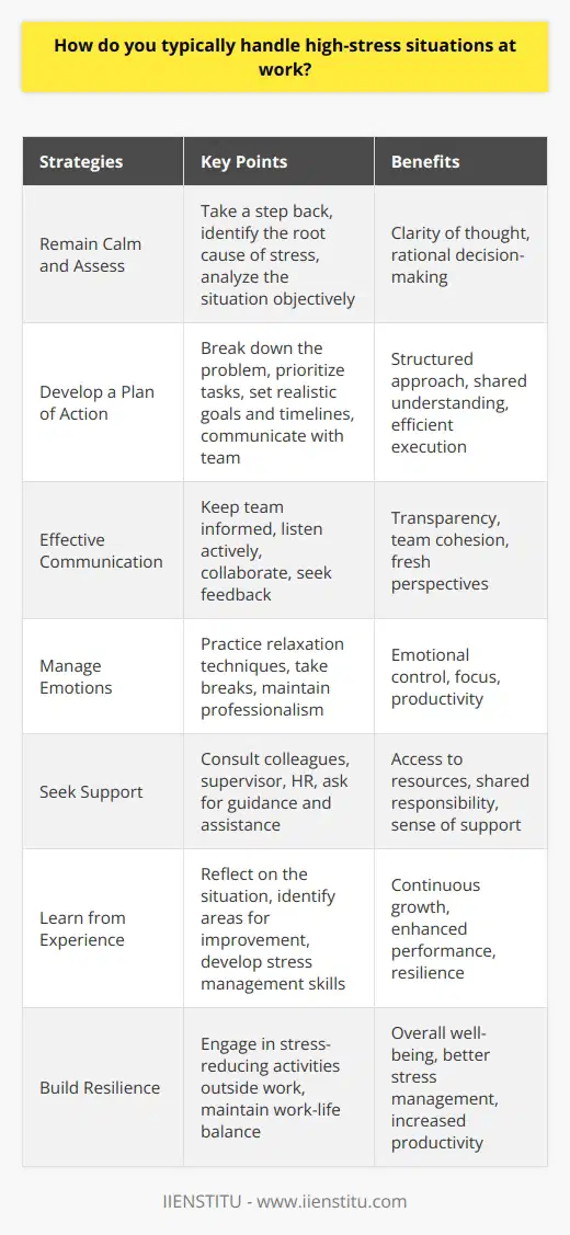 Handling high-stress situations at work requires a combination of emotional intelligence, problem-solving skills, and effective communication. When faced with a stressful situation, its essential to remain calm and assess the problem objectively. Take a step back and identify the root cause of the stress, whether its a tight deadline, a conflict with a colleague, or a challenging project. Developing a Plan of Action Once youve identified the source of the stress, develop a plan of action to address the issue. Break down the problem into smaller, manageable tasks and prioritize them based on urgency and importance. Set realistic goals and timelines for each task, and communicate your plan to your team or supervisor to ensure everyone is on the same page. Effective Communication Clear and open communication is crucial in high-stress situations. Keep your team informed about progress, setbacks, and any changes to the plan. Listen actively to your colleagues concerns and ideas, and be open to feedback. Collaborating with others can help alleviate stress and provide fresh perspectives on the problem. Managing Emotions High-stress situations can trigger strong emotions, such as frustration, anxiety, or anger. Its important to recognize and manage these emotions to maintain a professional demeanor. Practice deep breathing, meditation, or other relaxation techniques to help you stay calm and focused. Take short breaks when needed to recharge and avoid burnout. Seeking Support Dont hesitate to seek support from your colleagues, supervisor, or HR department when dealing with high-stress situations. They can provide guidance, resources, or assistance to help you manage the situation effectively. Remember, asking for help is a sign of strength, not weakness. Learning from Experience After the high-stress situation has been resolved, take time to reflect on the experience. Identify what worked well and what could be improved for future situations. Use this knowledge to develop your stress management skills and enhance your overall performance at work. Building Resilience Regularly engaging in stress-reducing activities outside of work can help build resilience and improve your ability to handle high-stress situations. Exercise, hobbies, and spending time with loved ones can provide a healthy balance and reduce overall stress levels. By developing a proactive approach, communicating effectively, managing emotions, seeking support, and learning from experience, you can successfully navigate high-stress situations at work. Remember, stress is a natural part of any job, but with the right strategies and mindset, you can turn challenges into opportunities for growth and success.